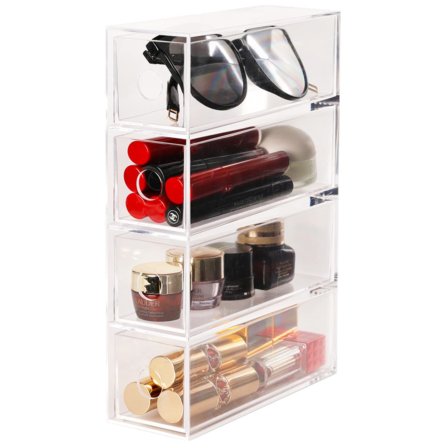 4-Drawer Acrylic Sunglasses Organizer - Clear Stackable Eyeglass Storage Case (9.6