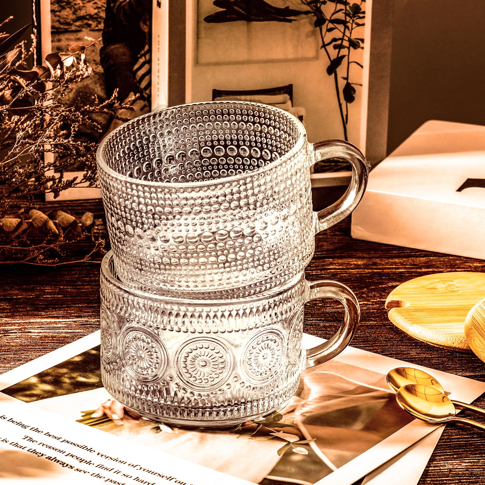 14oz Glass Coffee Mugs with Bamboo Lids & Spoons - Clear Embossed Tea Cups for Cappuccino, Latte & Overnight Oats - Perfect Coffee Bar Accessories & Christmas Thanksgiving Gifts for Home, Office or Cafe Use