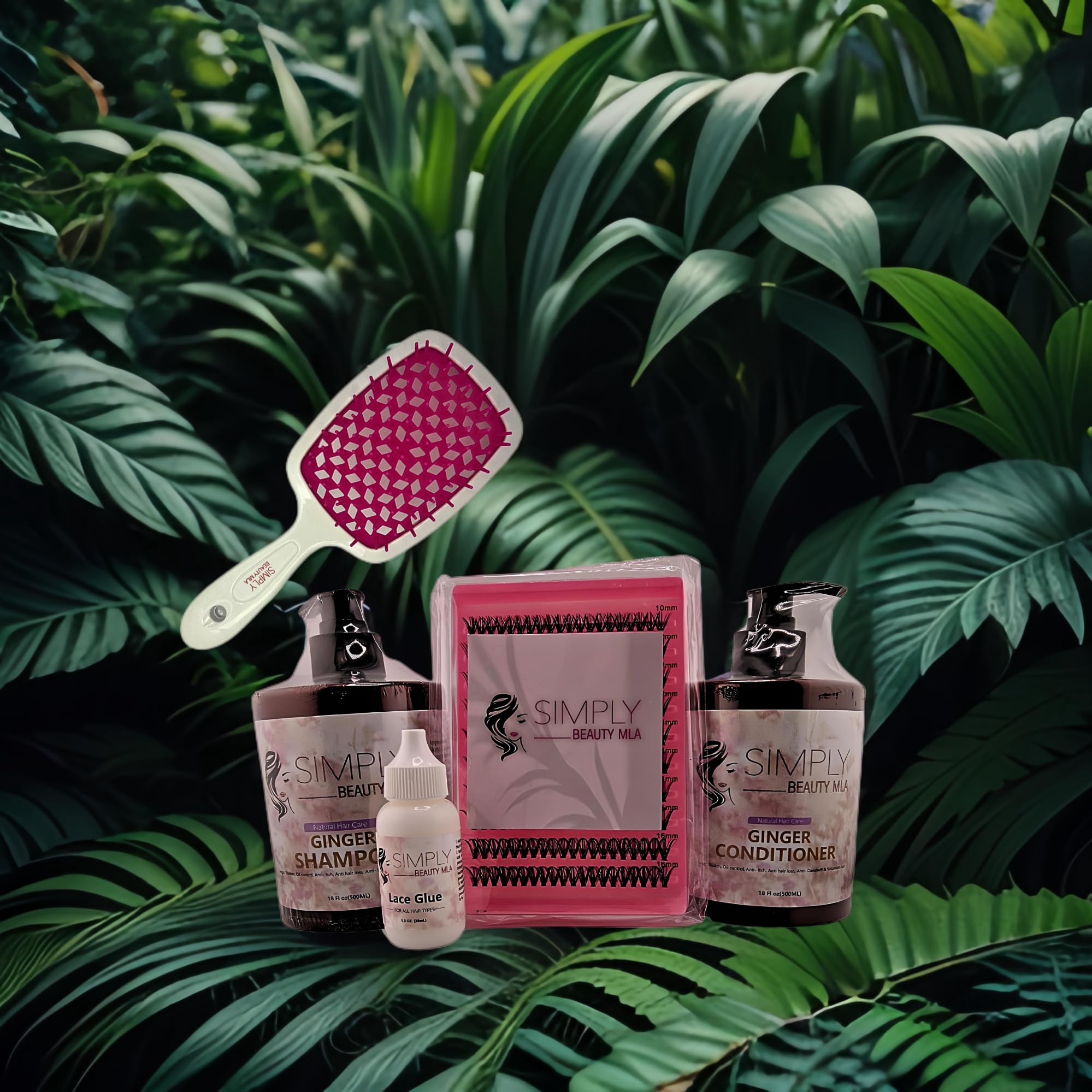 Simply Beauty Ginger Shampoo & Conditioner Set with DIY Lash Extension Kit - Nourishing Hair Care & Professional Eyelash Kit with Pre-Cut Lashes, Lash Glue & Detangler Brush | For Salon-Quality Hair & Lash Treatments at Home