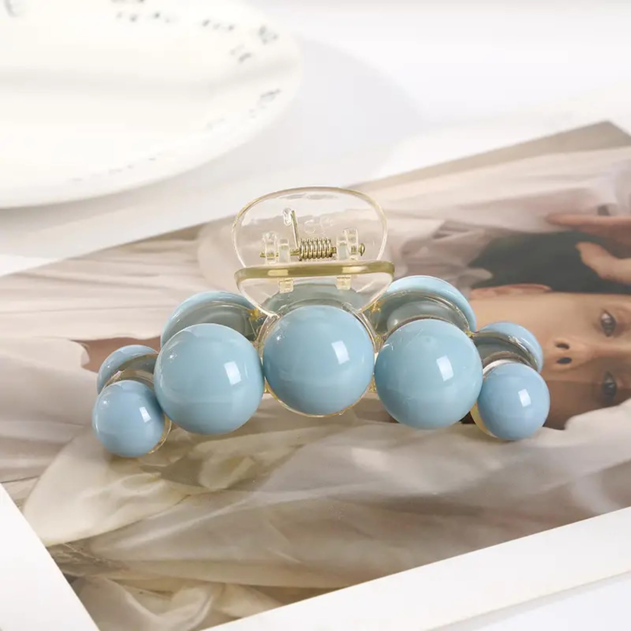BellaStella Korean Stylish Large Blue Pearl Hair Claw Clips - Strong Grip Hair Accessories for Women & Girls (2 Pack) - Perfect for Long Hair, Updos, Ponytails & Everyday Hairstyles