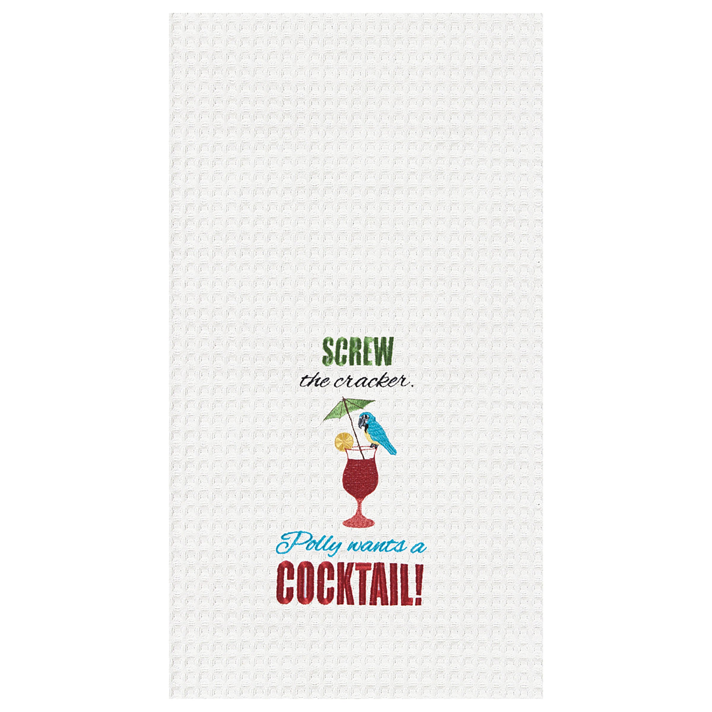 Polly Wants a Cocktail! Cotton Embroidered Waffle Weave Kitchen Towel Set - Absorbent & Decorative Dish Towels for Cooking, Baking & Kitchen Decor - Red