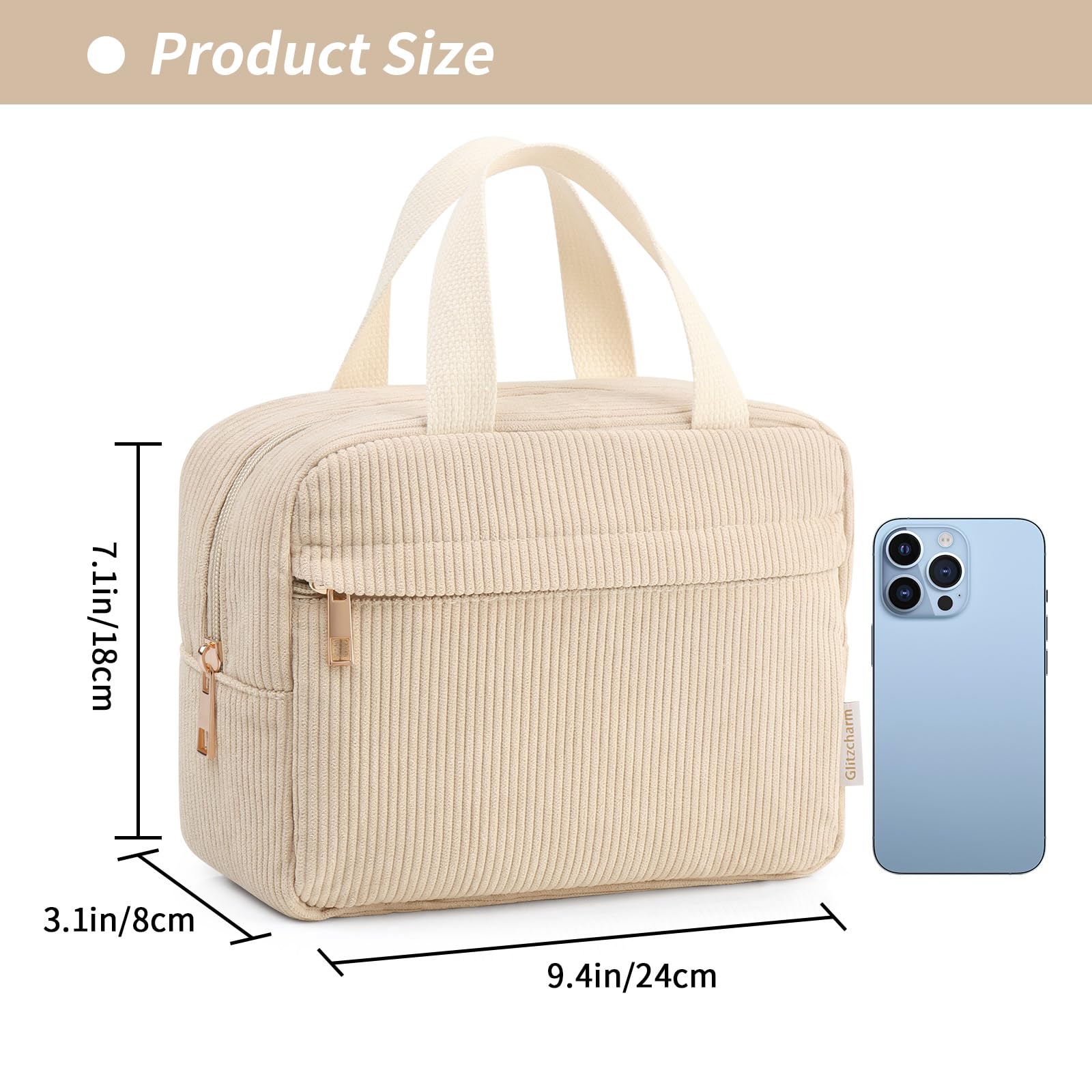 Corduroy Makeup Bag for Women & Girls - Large Cosmetic Pouch with Metal Zipper - Travel Makeup Organizer - Preppy Style (Beige) - Perfect for Travel, Gym, School & Daily Use
