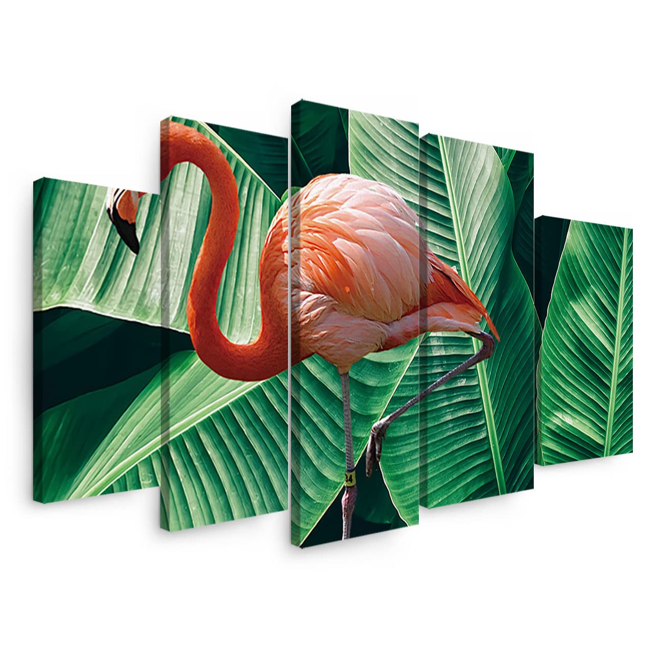 5 Panels Canvas Wall Art - Green Tropical Plant & Pink Flamingo Print Pictures, Modern Stretched Canvas Painting for Bedroom & Living Room Decor, Ready to Hang with Wooden Frame | Perfect for Home, Office & Vacation Rental Wall Decor