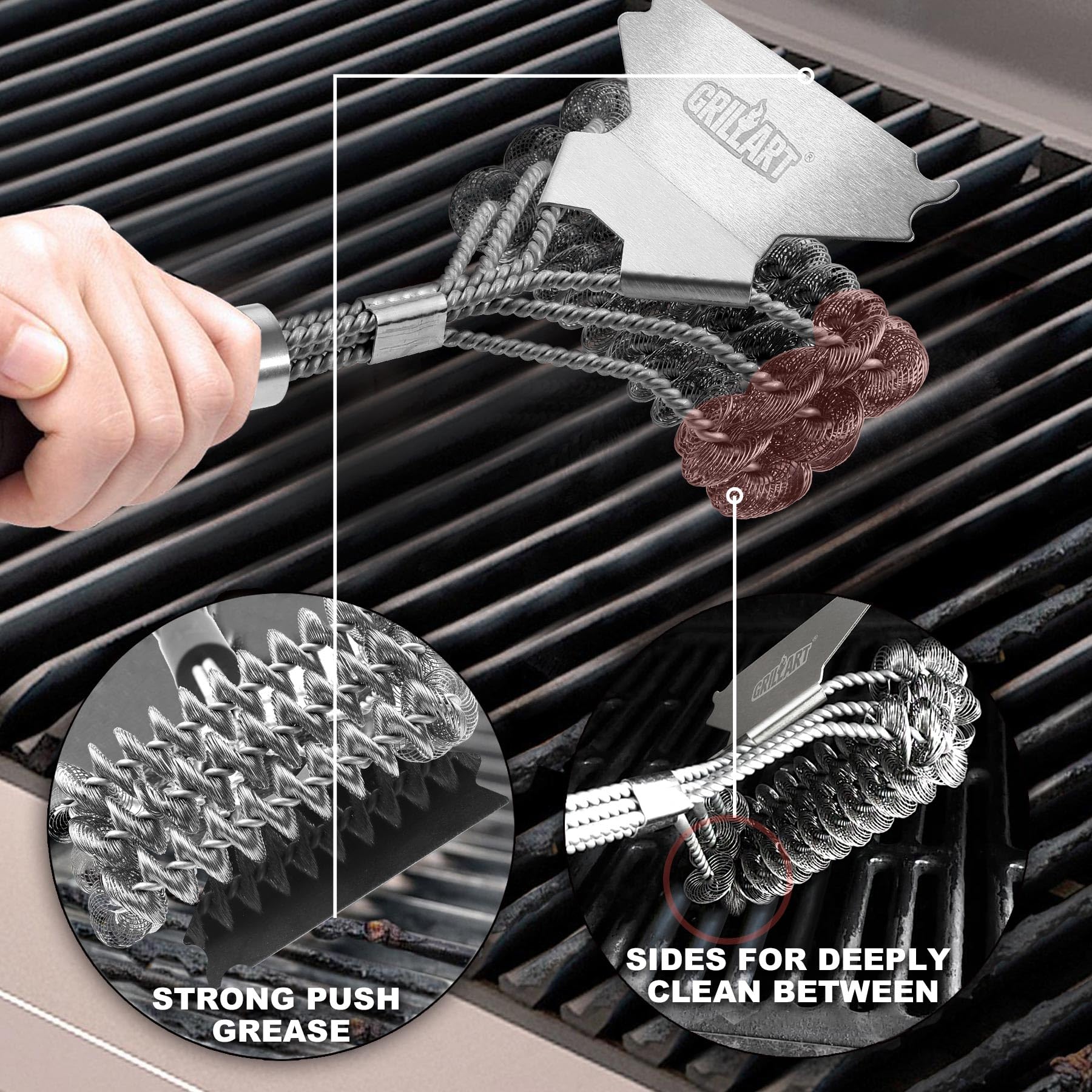 GRILLART Bristle-Free Grill Brush and Scraper - Stainless Steel BBQ Grill Cleaner Tool for Porcelain, Weber Gas & Charcoal Grills - Safe Grill Accessories for Men, Dad & Grill Masters - Perfect for Backyard BBQs, Camping & Outdoor Cooking