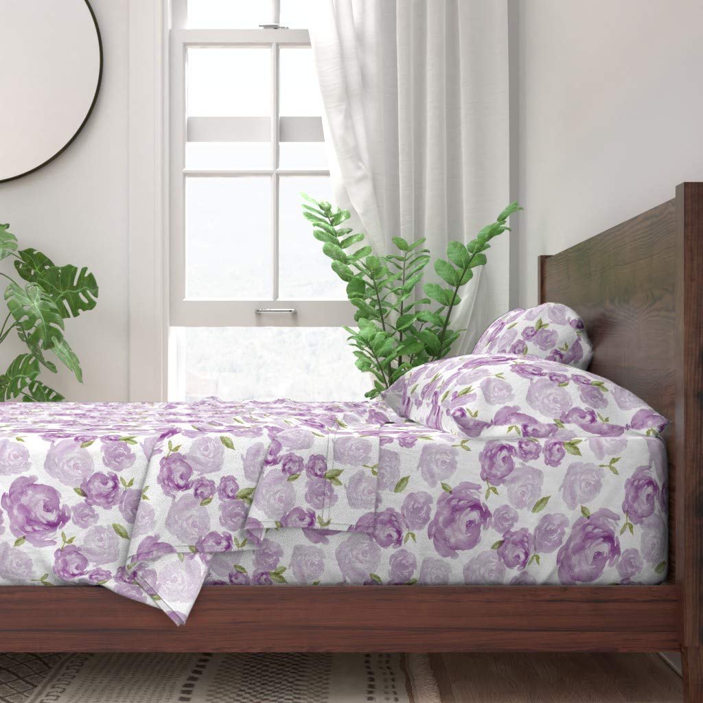 Spoonflower 100% Cotton Twin Size 3-Piece Sheet Set - Purple Watercolor Floral Rose Peony Violet Print Custom Bedding | Soft Breathable Bed Sheets for Guest Room, Dorm, or Home Decor