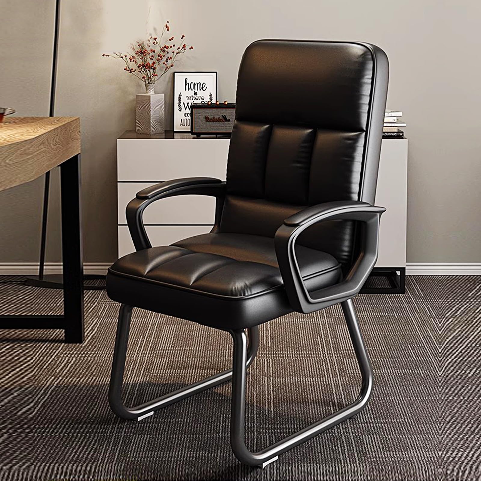 Ergonomic Leather Stationary Office Chair - No Wheels, Padded Arms & Seat, Sturdy Seld Base - Perfect for Home Office, Conference Room, Reception Area, Bedroom & Computer Desk (Gray) - Ideal for Long Work Sessions & Guest Seating