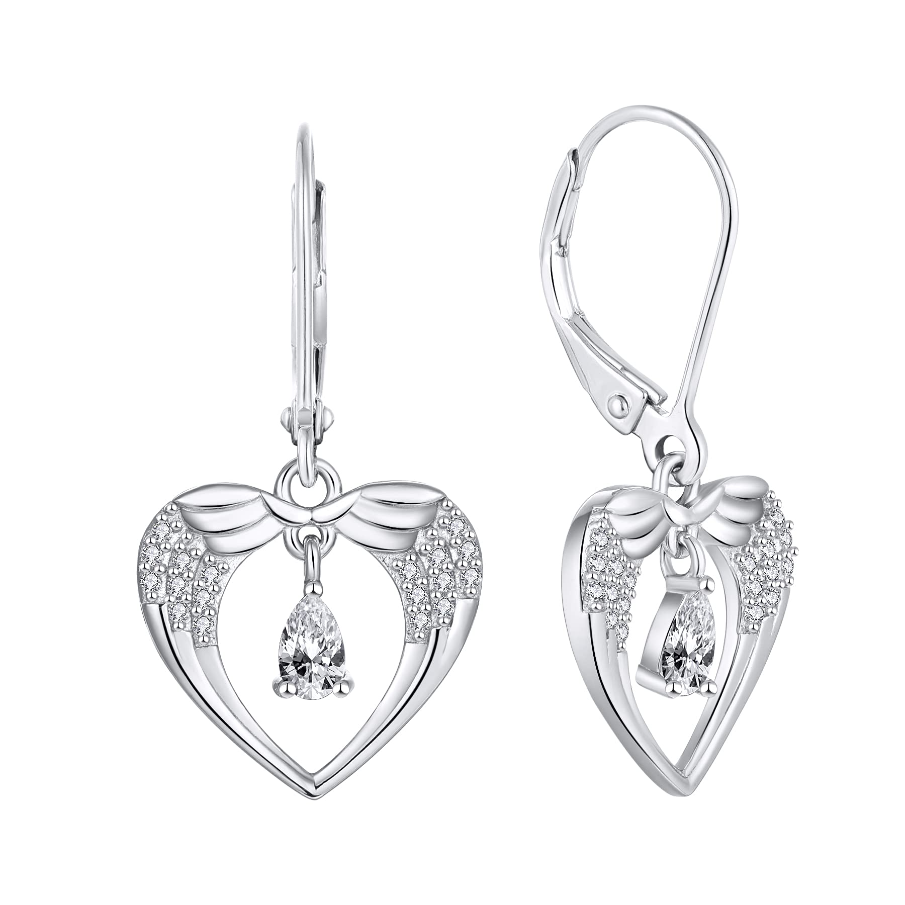 JO WISDOM 925 Sterling Silver Angel Wing Drop Earrings for Women - Elegant Dangle Earrings with 3A Pear Shape Cubic Zirconia Birthstone, Perfect Gift for Birthday, Anniversary & Everyday Wear (February Birthstone Example)