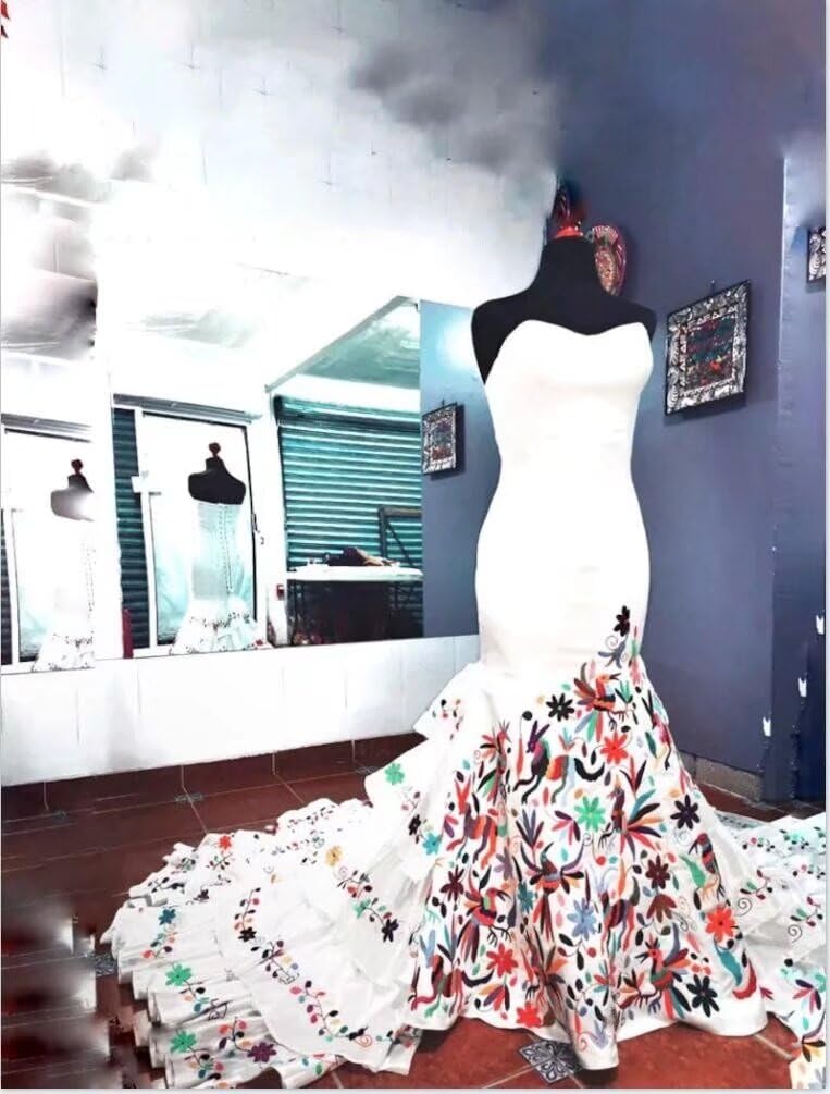 2025 Mexican Embroidered Wedding Dress with Train - 5-Layer Mermaid Quinceañera Gown in Multicolor | Perfect for Bridal, Quinceañera & Special Occasions