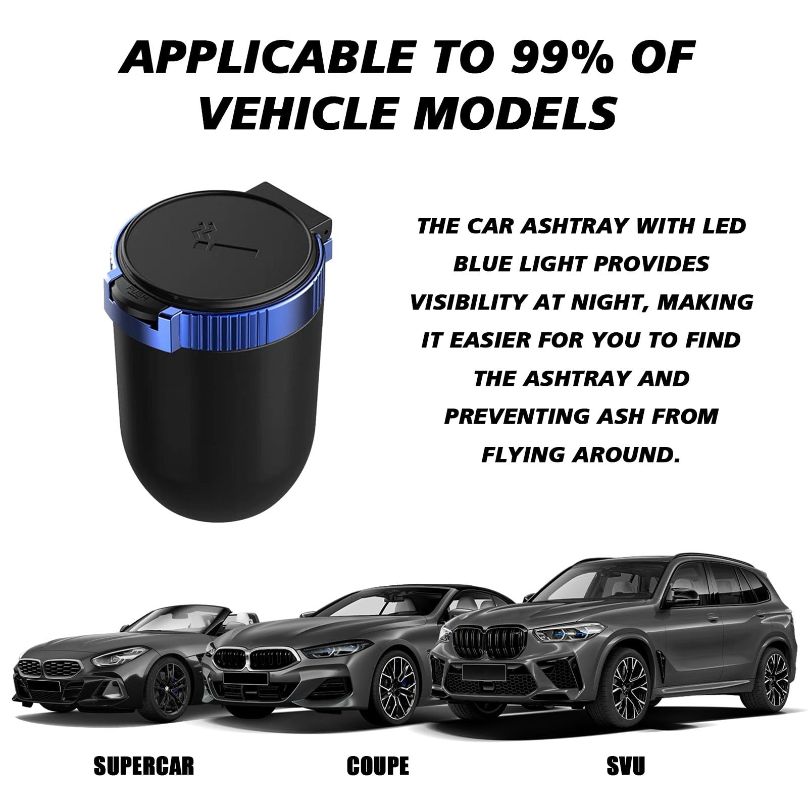 Smell Proof Car Ashtray with Lid - Portable Mini Car Trash Can with LED Blue Light, Removable Stainless Steel Cup Holder, Universal Car Interior Accessories (Blue) for Smoke-Free Driving Experience