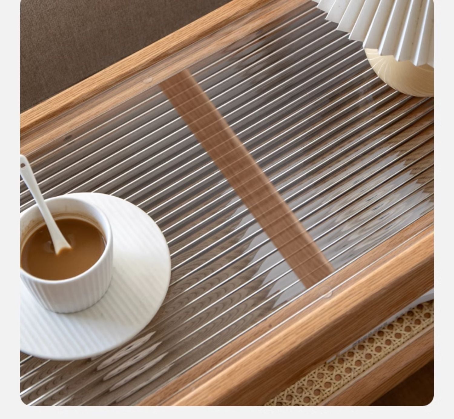 Solid Oak Wood Japanese Style Glass Rattan Rocking Side Table - Portable End Table for Living Room, Bedroom, or Outdoor Patio Decor