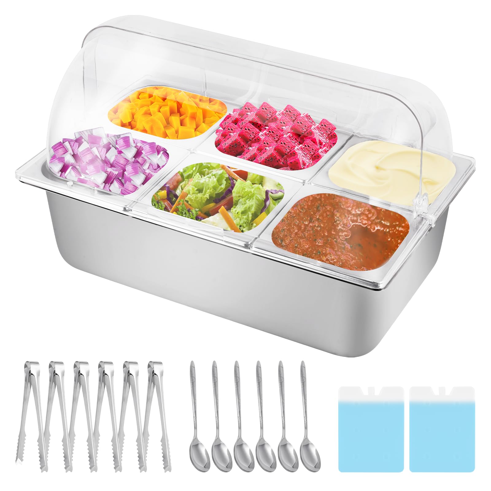 6-Pan Countertop Ice Food Serving Display Container with 2 Ice Packs - Buffet Cooled Condiment Dispenser, Salad Dressing & Appetizer Cooler - Perfect for Parties, Catering & Restaurant Food Display