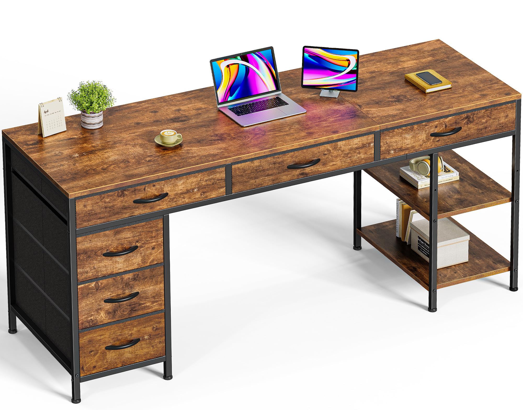 Huuger 63 Inch Computer Desk with 6 Drawers & Shelves, Reversible Gaming Desk with Storage, Rustic Brown Office Desk for Home Office, Study, Living Room - Perfect for Work, Gaming & Small Space Organization