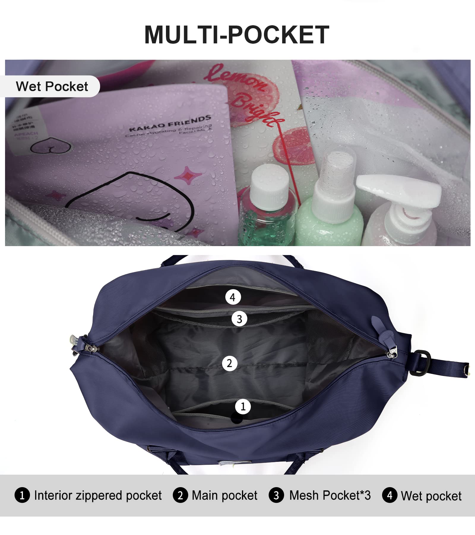 Women's Dark Blue Travel Duffel Bag with Toiletry Pouch - Waterproof Sports Tote Gym Bag & Shoulder Weekender Overnight Bag for Workouts, Yoga, Business Trips and Weekend Getaways