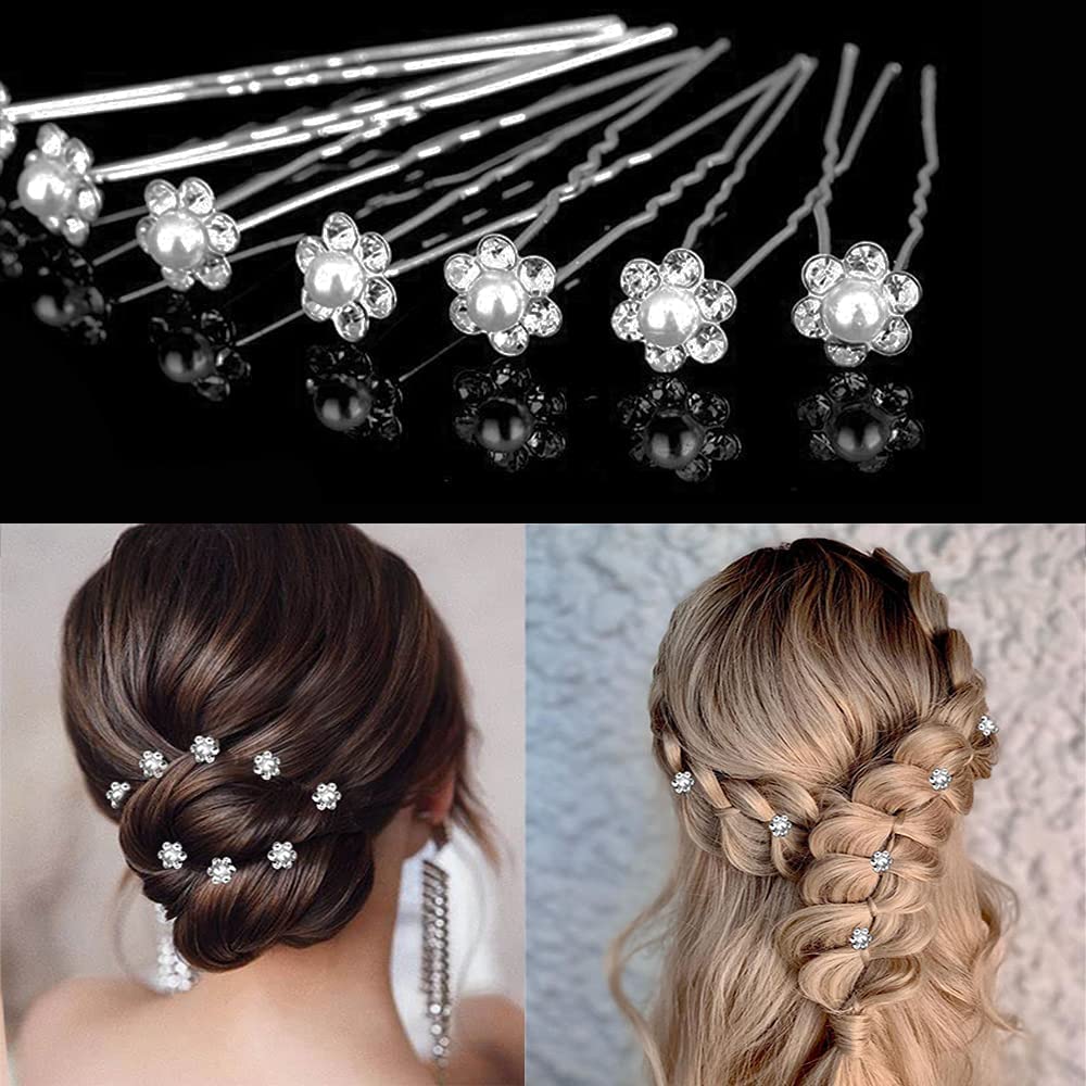 40Pcs Rhinestone Pearl Hair Pins for Women - Elegant U-Shaped Bridal Hair Clips with Flower Design for Wedding, Prom, Party Hairstyles - Perfect Hair Accessories for Brides, Bridesmaids and Special Occasions