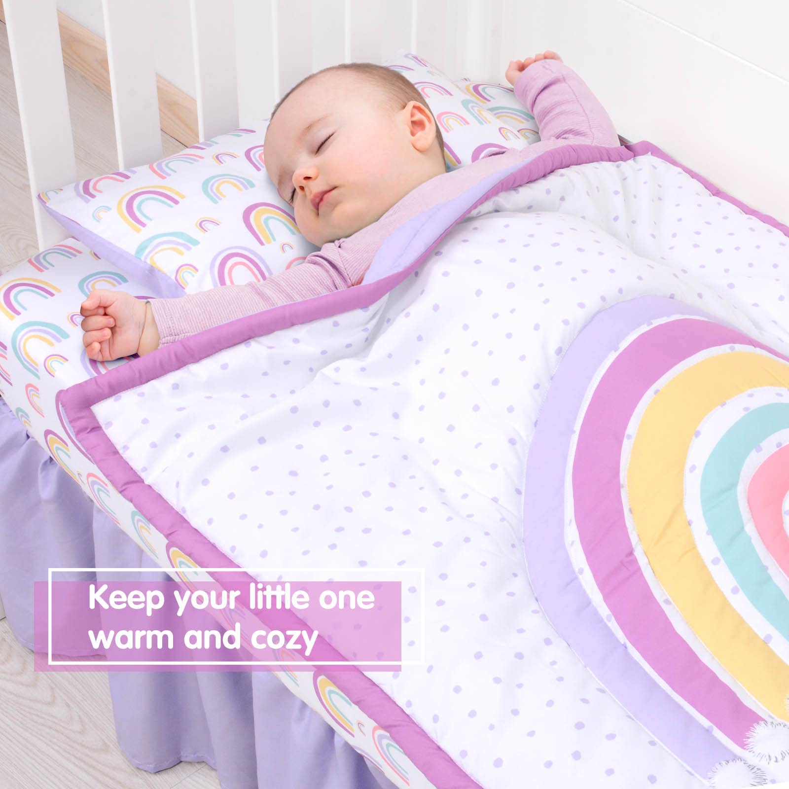 JISEN 4-Piece Baby Crib Bedding Set for Girls & Boys - Soft Nursery Bedding with Quilt, Fitted Sheet, Pillowcase & Crib Skirt - Rainbow Design for Safe & Comfortable Sleep