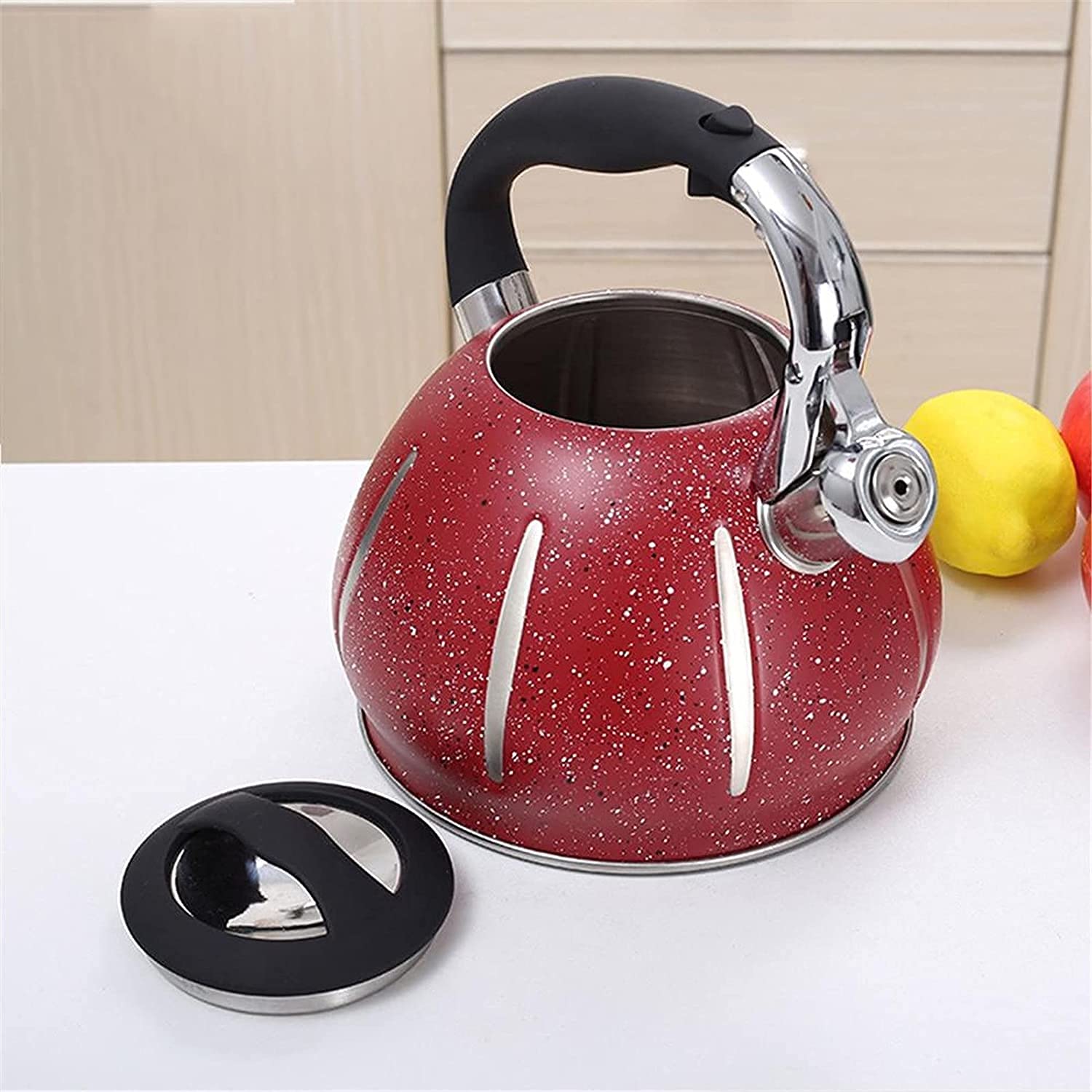 3L Stainless Steel Whistling Tea Kettle - Stovetop Safe for Gas, Electric & Induction - Anti-Scald Handle with Heat-Resistant Printing - Classic Red - Perfect for Home, Office & Tea Ceremonies