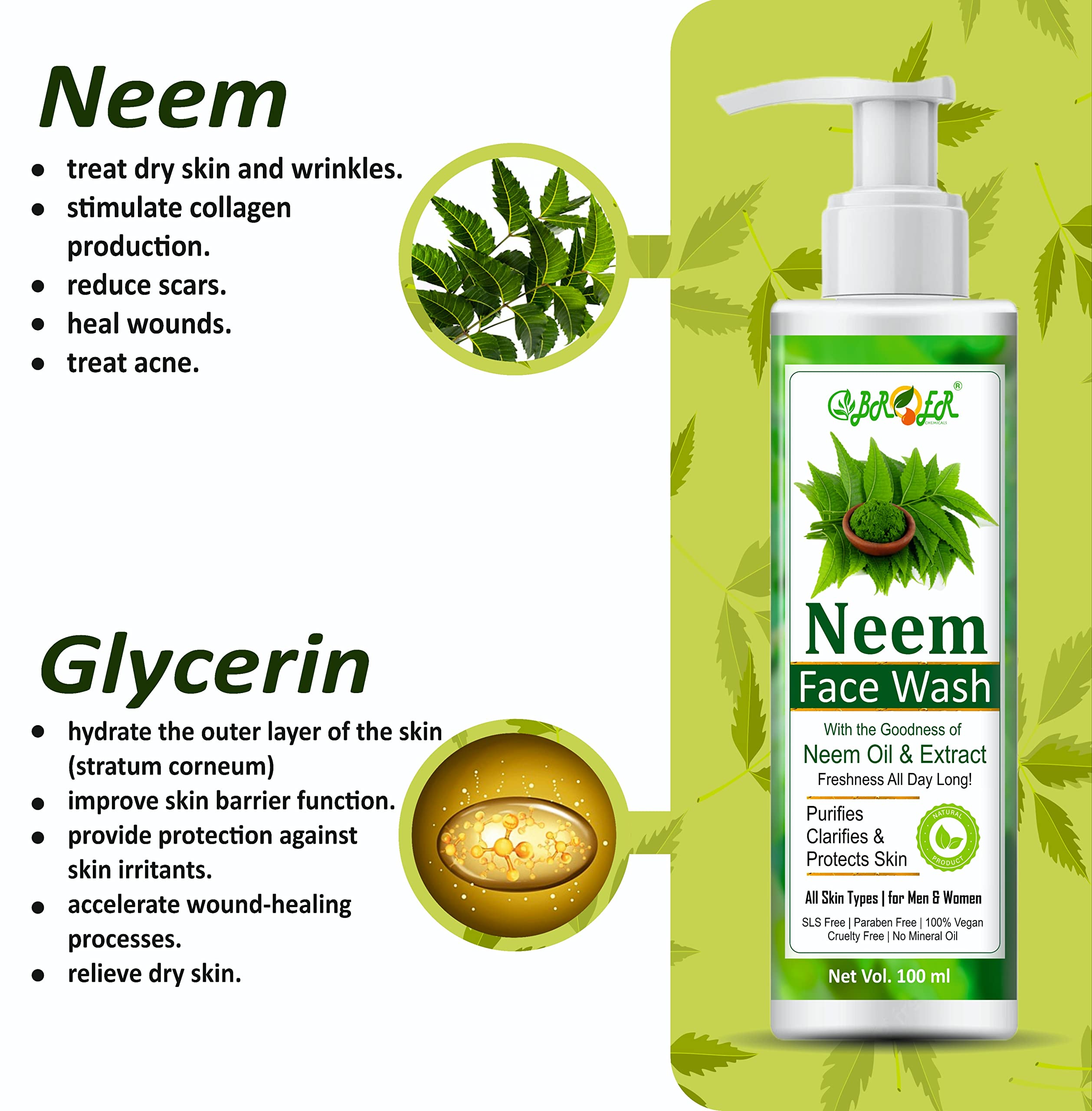 BROER Neem Face Wash 100ml & Neem Body Wash 200ml - Natural Neem & Turmeric Formula for All Skin Types | Sulfate-Free, Paraben-Free | Acne Treatment & Daily Skincare Routine