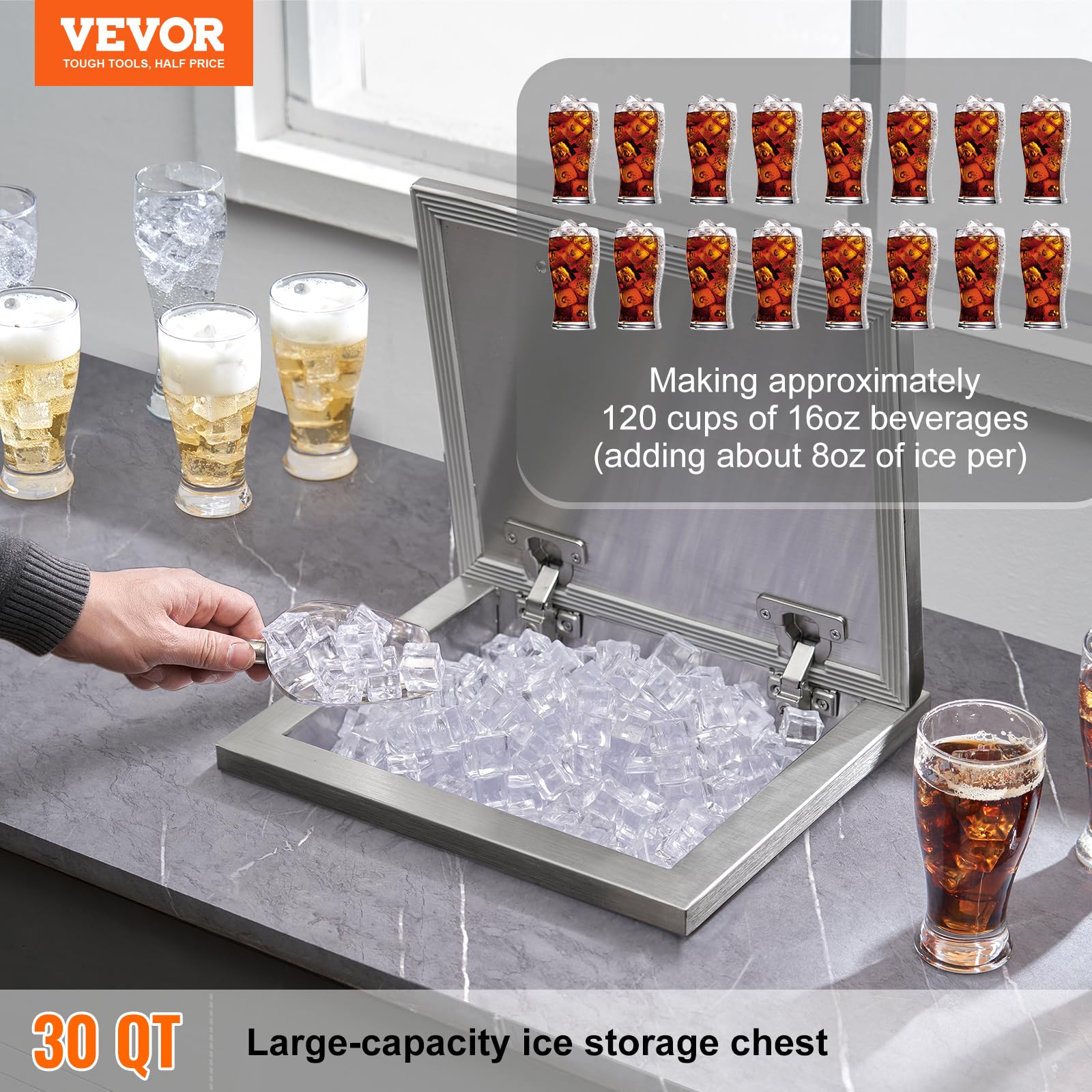 VEVOR 40 Quart Stainless Steel Drop-In Ice Chest Cooler - 14
