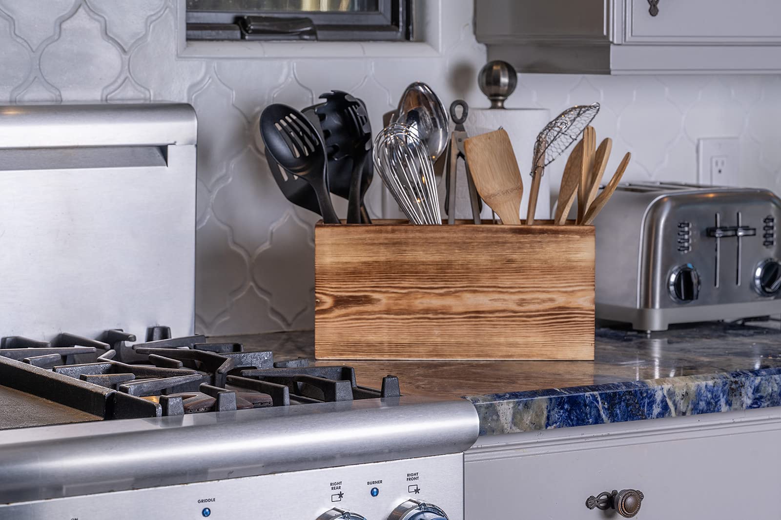 Farmhouse Style Wooden Kitchen Utensil Holder - 3 Compartment Countertop Organizer for Spoons, Spatulas & Cooking Tools - Rustic Kitchen Decor for Counter, Pantry or Dining Table Storage