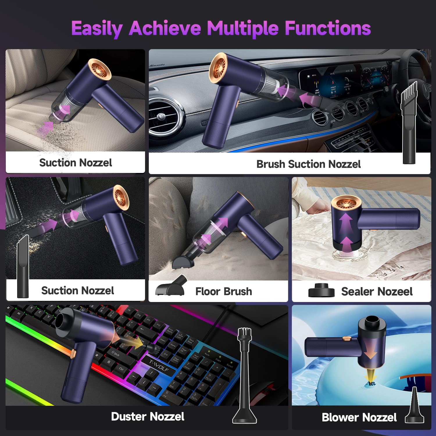 16000PA Cordless Handheld Vacuum Cleaner - 4-in-1 Portable Rechargeable Vacuum with Air Duster, Blower & Pump - Lightweight Mini Vac for Car, Home, Office & Pet Hair Cleaning - Perfect for Car Detailing, House Cleaning & Pet Grooming (Purple)
