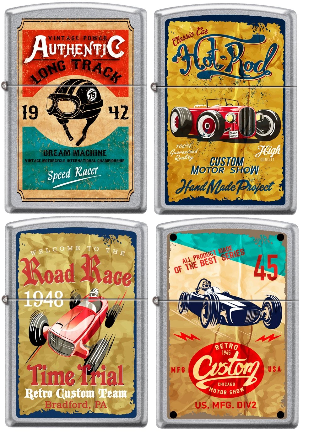 Vintage Zippo 1940's Race Club 4-Piece Lighter Set with Chrome Finish - Classic Collectible Lighters for Smoking, Camping, Gifts & Retro Decor