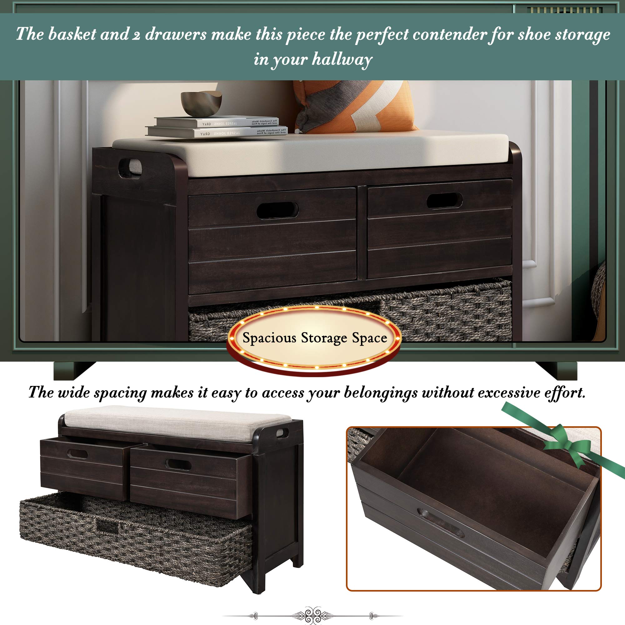 P PURLOVE Fully Assembled Wooden Storage Bench with Removable Basket, 2 Drawers & Cushion - Entryway Shoe Bench for Hallway, Living Room, Bedroom - Perfect for Organizing Shoes, Toys & Home Decor