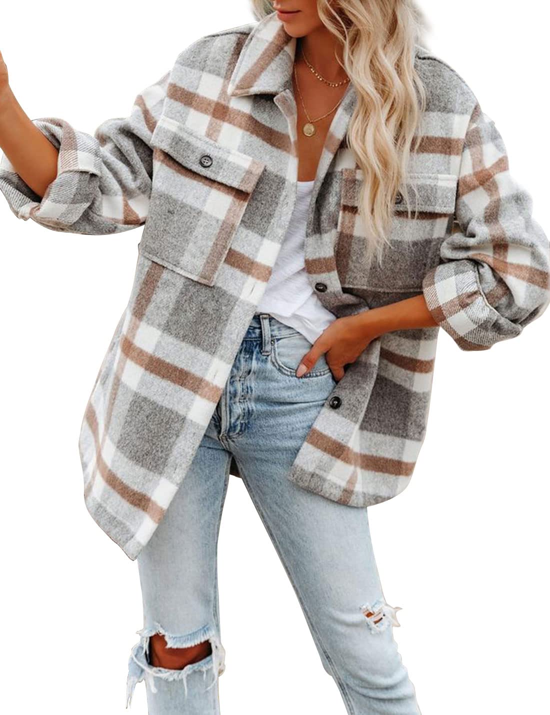 Happlan Women's Long Sleeve Plaid Shacket Jacket - Casual Lapel Tweed Pea Coat for Fall & Winter | Perfect for Office, Date Night and Outdoor Activities