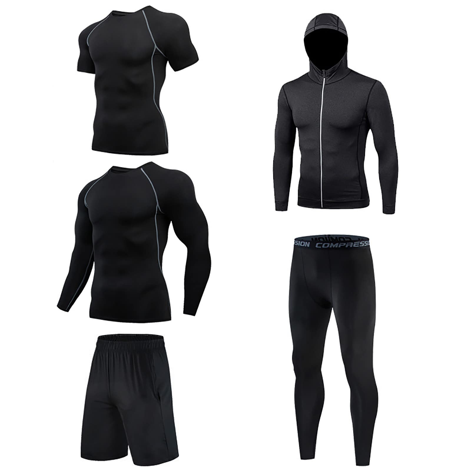 5Pcs Men’s Thermal Underwear Set - Compression Base Layer, Cool Dry Gym Clothes with Tops, Jacket, Fitting Shorts & Leggings for Winter Sports, Workout & Outdoor Activities