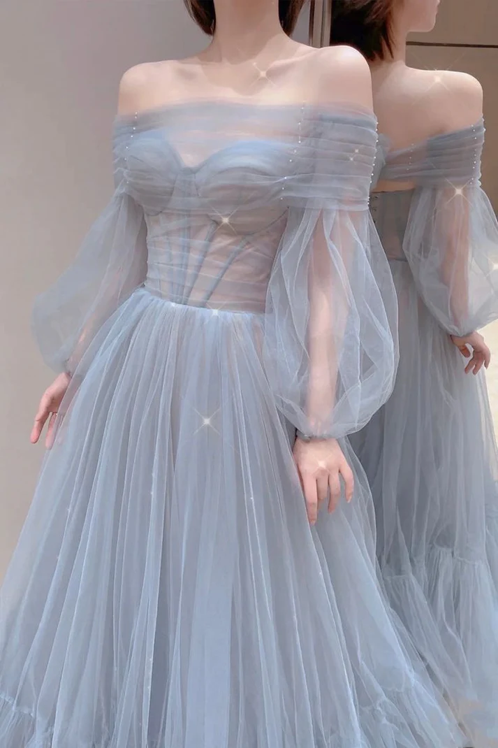 Elegant A-Line Blue Tulle Long Prom Dress with Long Sleeves - Formal Evening Gown J3816 for Homecoming, Ball, Wedding & Special Occasions