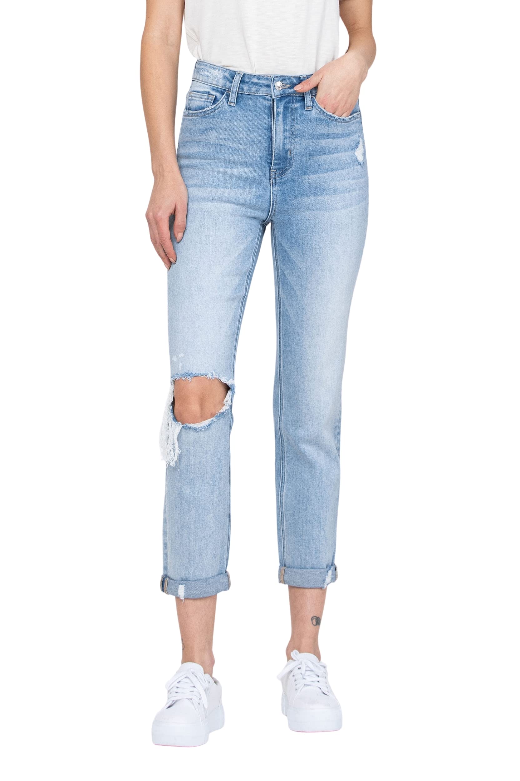 VERVET by Flying Monkey Super HIGH Rise Stretch ROLL UP Slim Straight Jeans - Light Blue Wash | Comfortable Women's Denim Pants for Casual Wear & Everyday Outfits