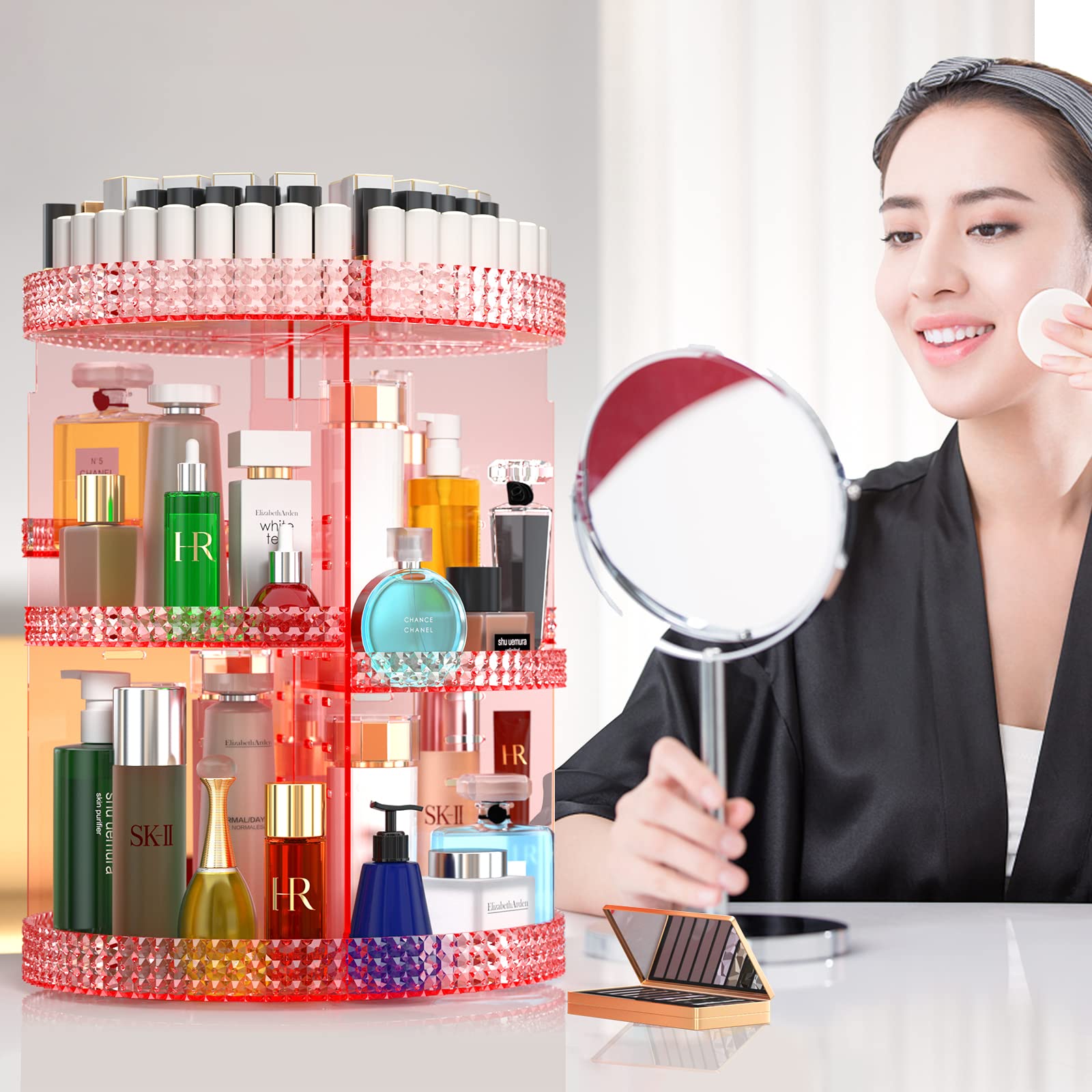 360-Degree Pink Makeup Organizer Carousel - 7-Tier Acrylic Vanity Organizer for Brushes, Lipsticks & Cosmetics | Perfect for Bathroom Counter, Dressing Table & Large Makeup Collections