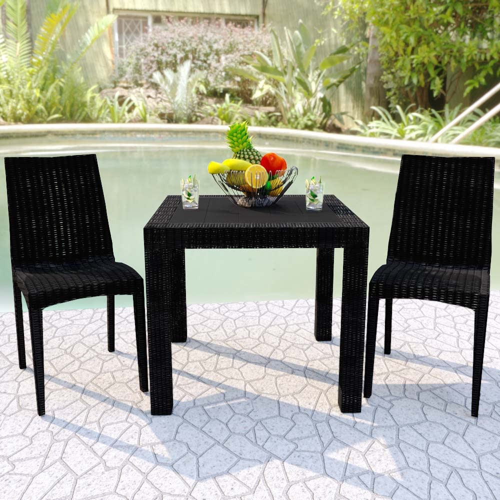 LeisureMod Modern Weave Design Mace Indoor/Outdoor Dining Chairs (Set of 2) - Black - Weather-Resistant Patio Furniture for Backyard, Poolside & Restaurant Use