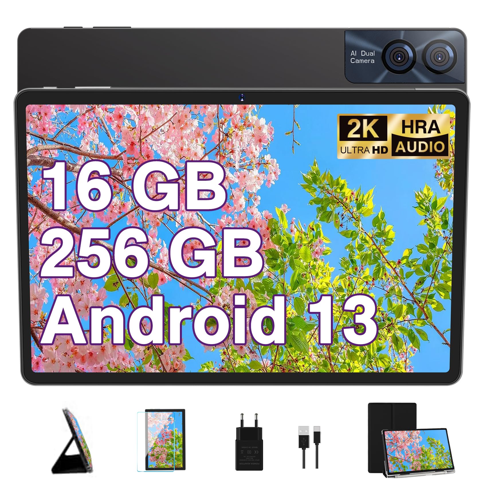 2024 11-Inch Android 13 Tablet with 2K Display - 16GB RAM + 256GB ROM (Expandable to 1TB) | Octa-Core Processor, 8600mAh Battery, 5G WiFi, GPS, BT 5.0 | 13MP+5MP Dual Camera, Metal Body | Includes Case, Keyboard & Mouse - Black | Perfect for Work, Study & Entertainment