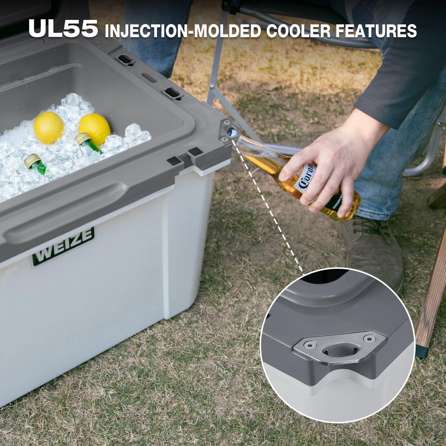 WEIZE Ultra Light 55 Quart Hard Cooler - Insulated Portable Ice Chest Box with Bottle Opener | Keeps Ice Cold Up to 8 Days | Perfect for Camping, Beach Trips, Tailgating & Outdoor Adventures