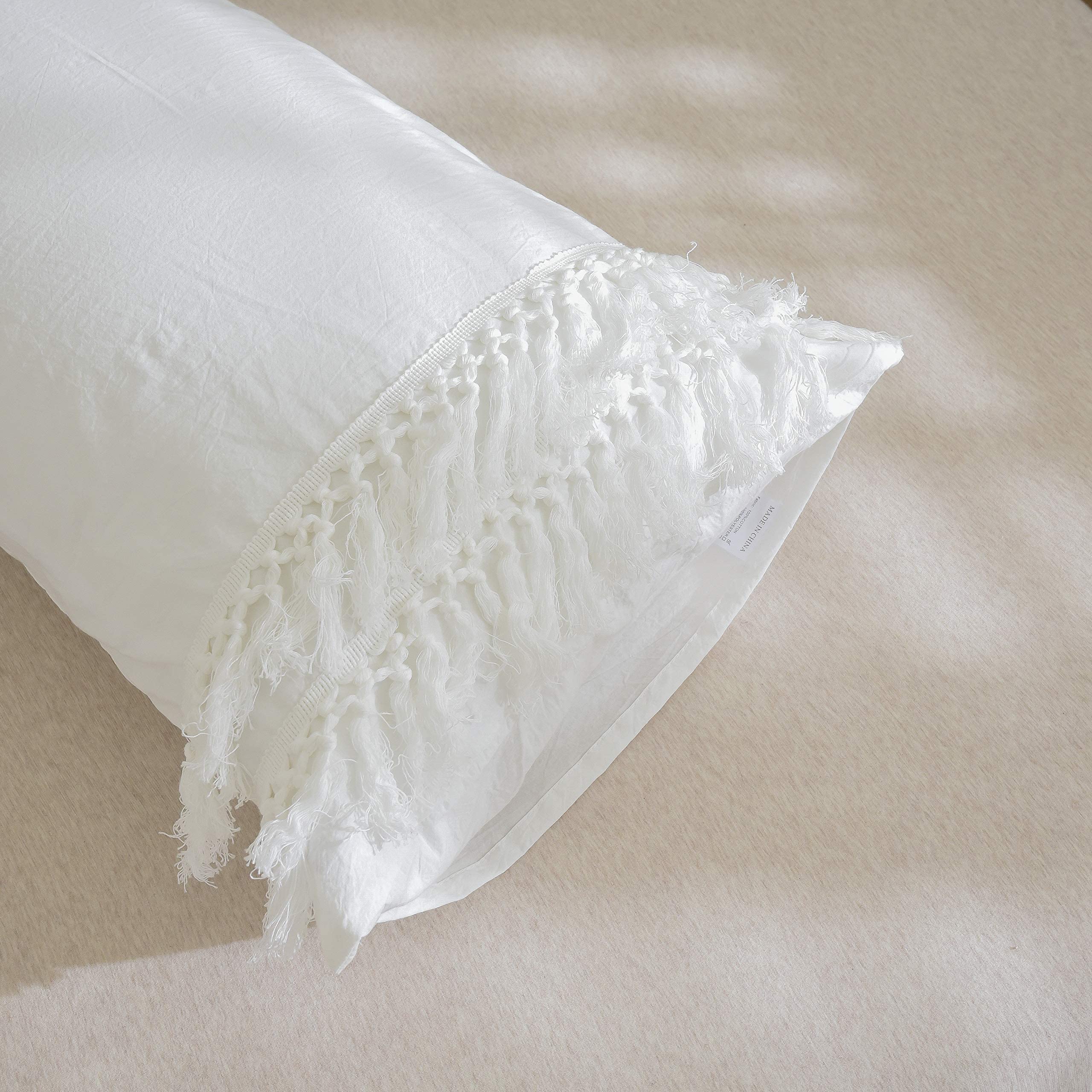 Softta White Tassel Pillow Shams 20x36 - 100% Washed Cotton Bohemian Pillow Covers (Set of 2) - Handmade King/Cal King Size Decorative Pillow Cases - No Comforter or Filling Included - Perfect for Boho Bedroom Decor & Living Room Accents