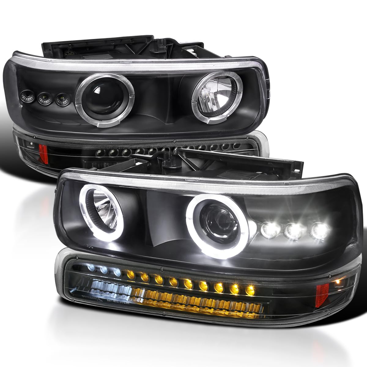 Spec-D Tuning Black LED Halo Projector Headlights with LED Bumper Lights - Compatible with 1999-2002 Chevy Silverado 1500/2500/3500 - Left & Right Pair Headlamp Assembly - Upgrade for Night Driving & Off-Road Adventures