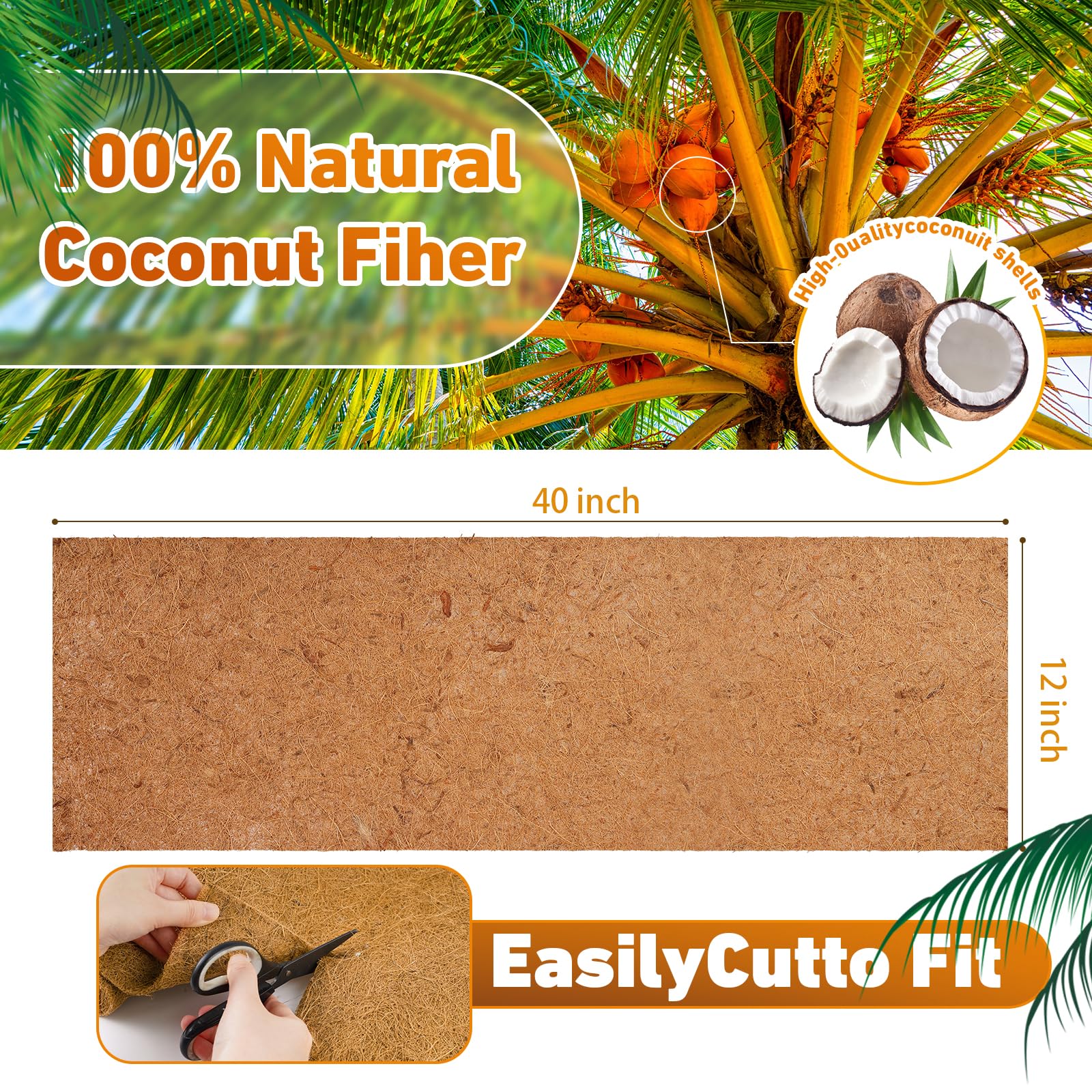 Natural Coconut Fiber Planter Liners 12x40 Inch - Eco-Friendly Coco Coir Sheets for Window Boxes, Flower Baskets, Reptile Mats & Pet Pads | Perfect for Indoor/Outdoor Gardening, Animal Habitats & Home Decor