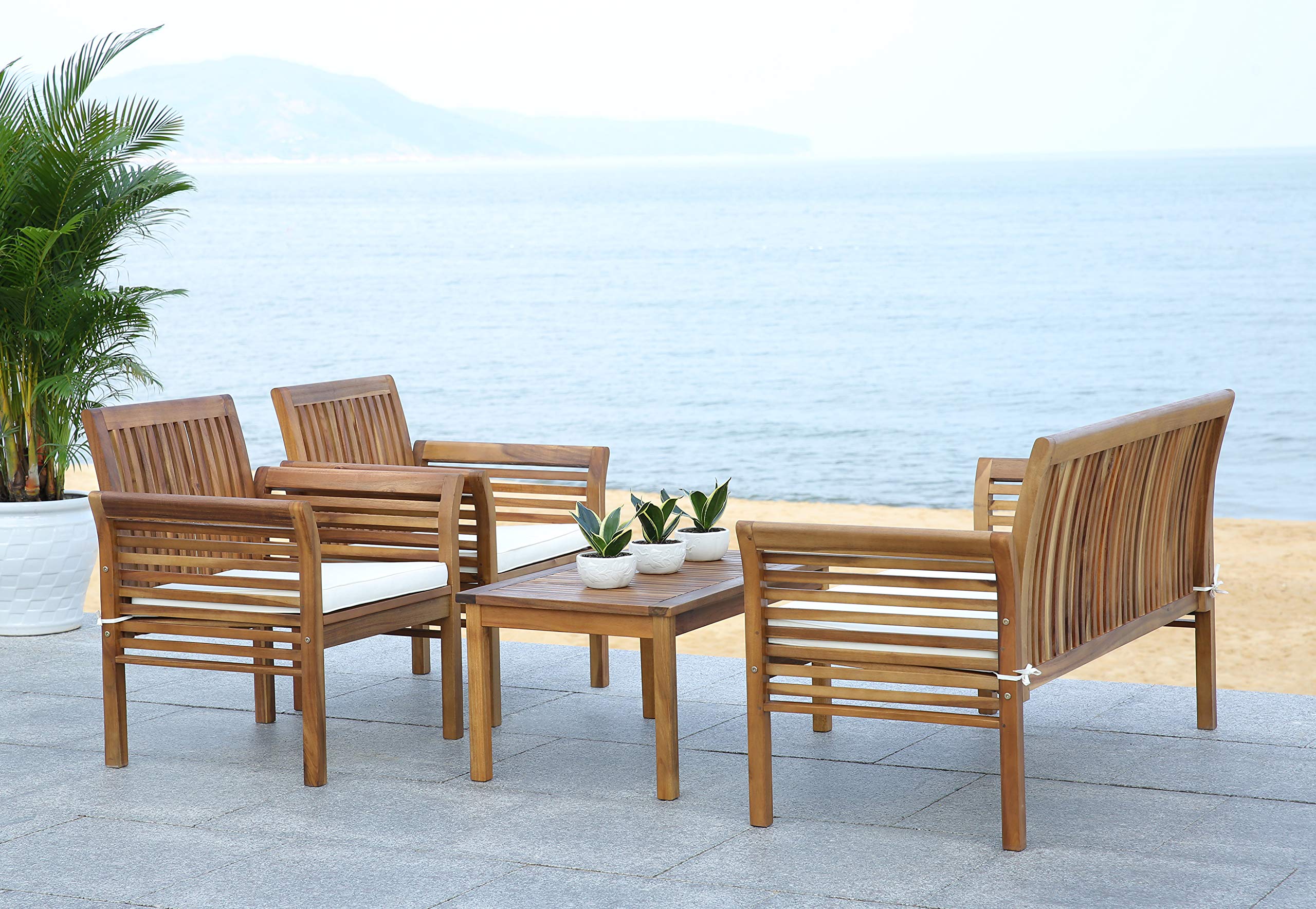 SAFAVIEH Outdoor Collection Carson Natural/Beige 4-Piece Patio Cushion Set for Conversation Area - Water-Resistant Outdoor Furniture Cushions for Garden, Poolside & Backyard Relaxation