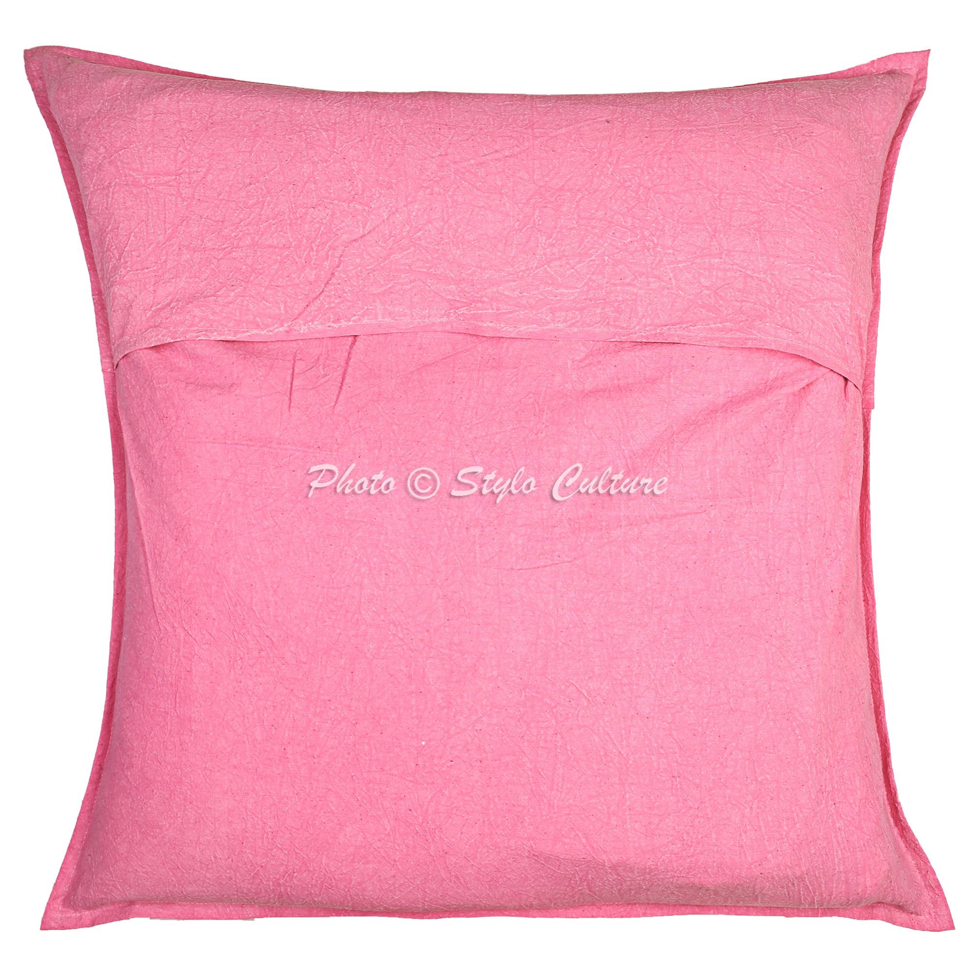 Hand Embroidered Bohemian Indian Chair Seat Throw Pillow Cover 24x24 Inch (60x60 cm) - Cotton Mirrored Square Cushion Cover for Sofa, Bed, Living Room Decor - Baby Pink Home Decoration | 1 Piece