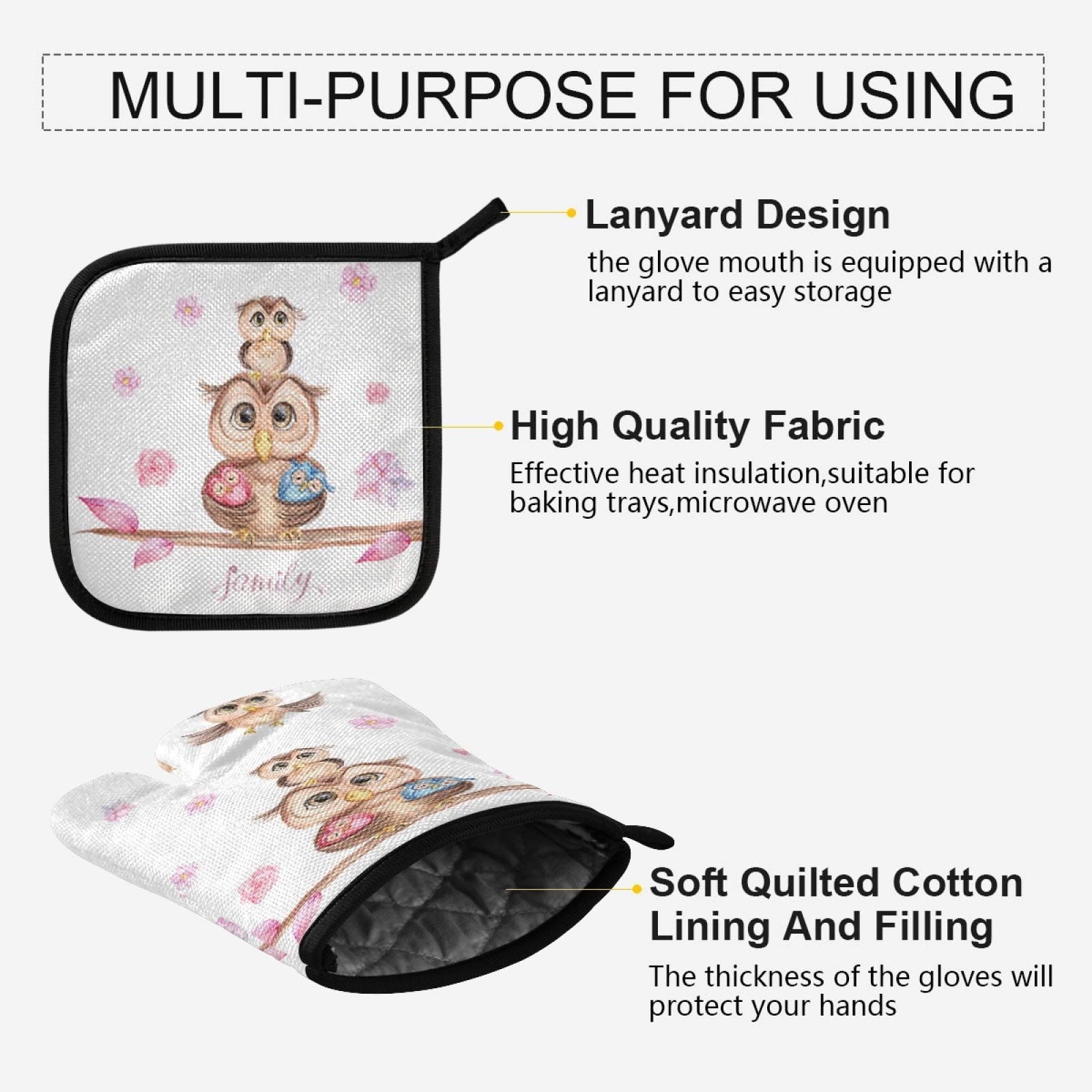 Exnundod Spring Owl Family Pot Holders & Oven Mitts Set - Floral Love Kitchen Mittens & Hot Pads for Cooking, Baking, BBQ, and Bakeware - Perfect for Home Kitchens and Outdoor Grilling
