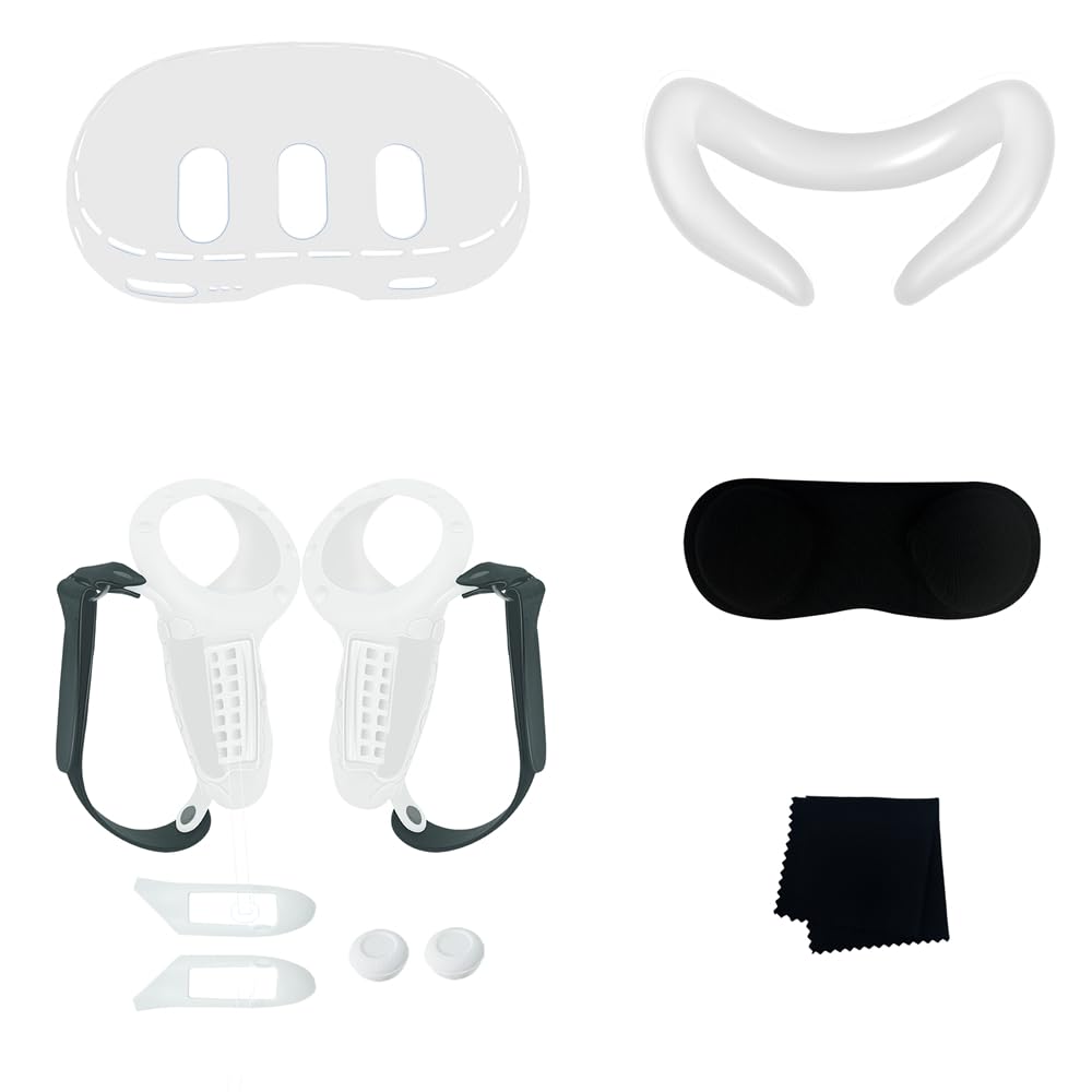 Meta Quest 3 Accessory Set - 10-in-1 VR Controller Grips Cover, Headset Protective Case, Silicone Face Mask Cushion, Lens Protector, Handle Button Caps & Battery Cover (White) | Enhanced Comfort & Protection for VR Gaming, Fitness & Entertainment