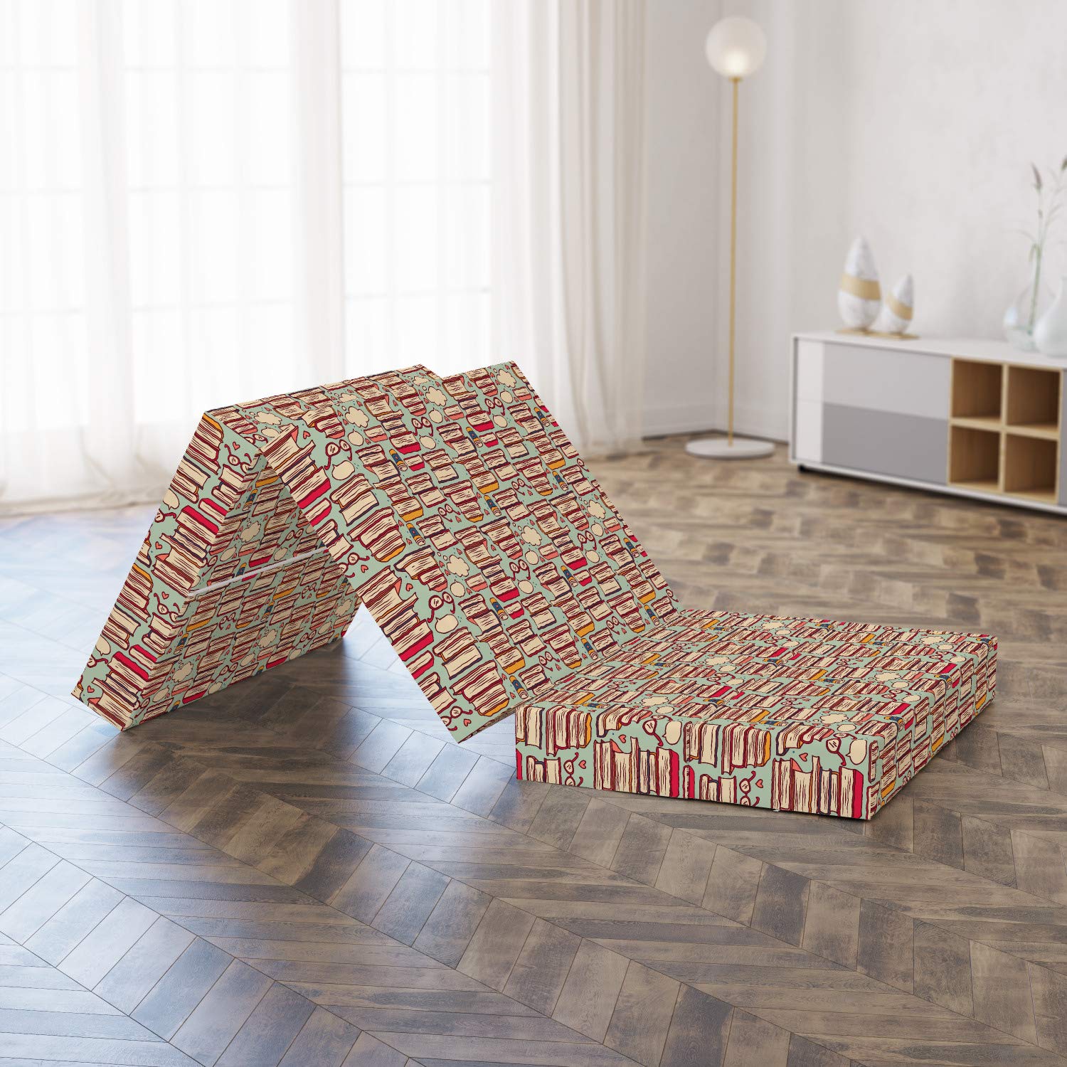 Ambesonne Cartoon Foldable Mattress - Stack of Books & Eyeglasses Design, 74.8