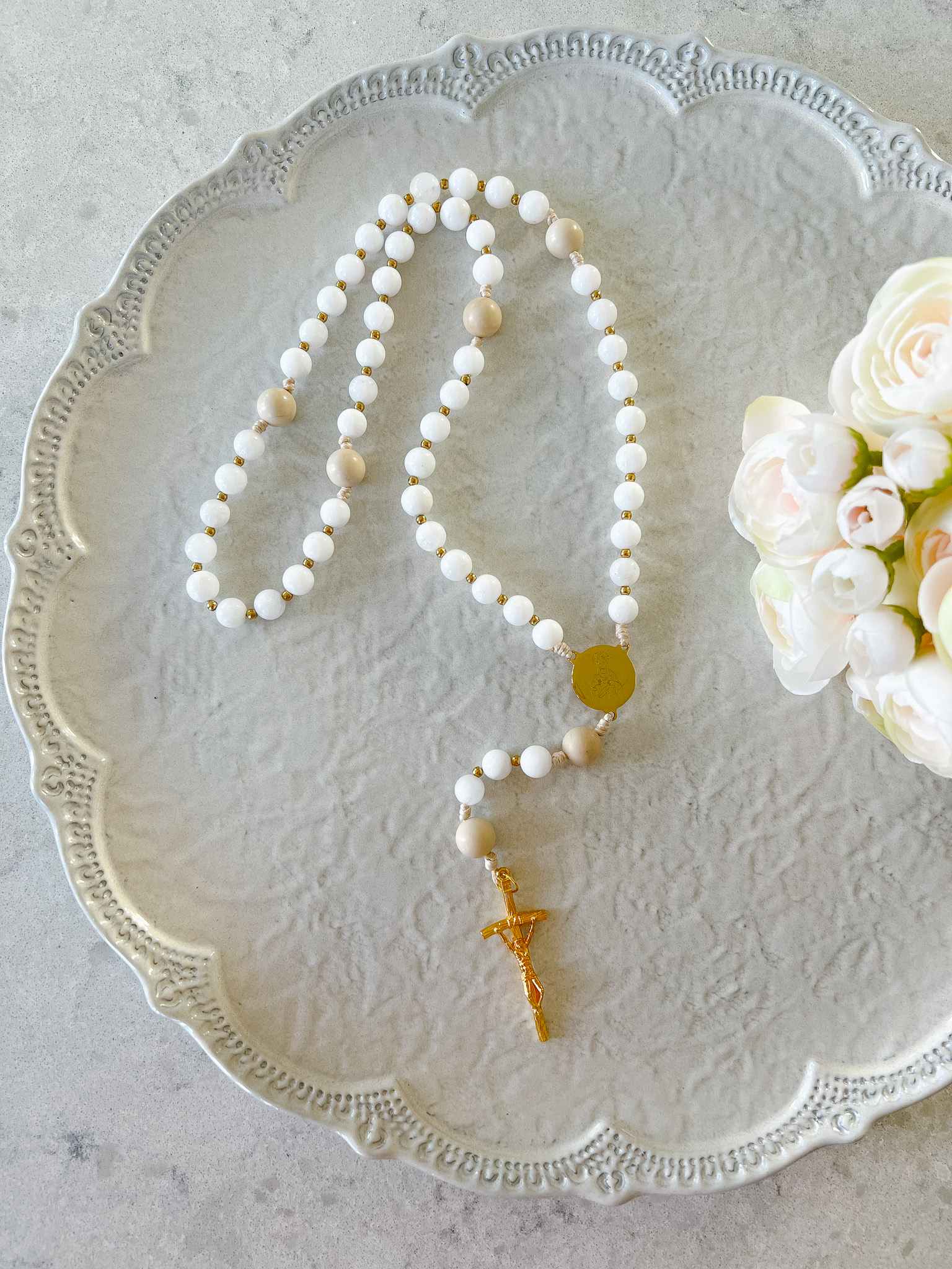 Lily Rosary Beads - Virgin Mary Purity Prayer Necklace for Catholic Devotion & Spiritual Gifts