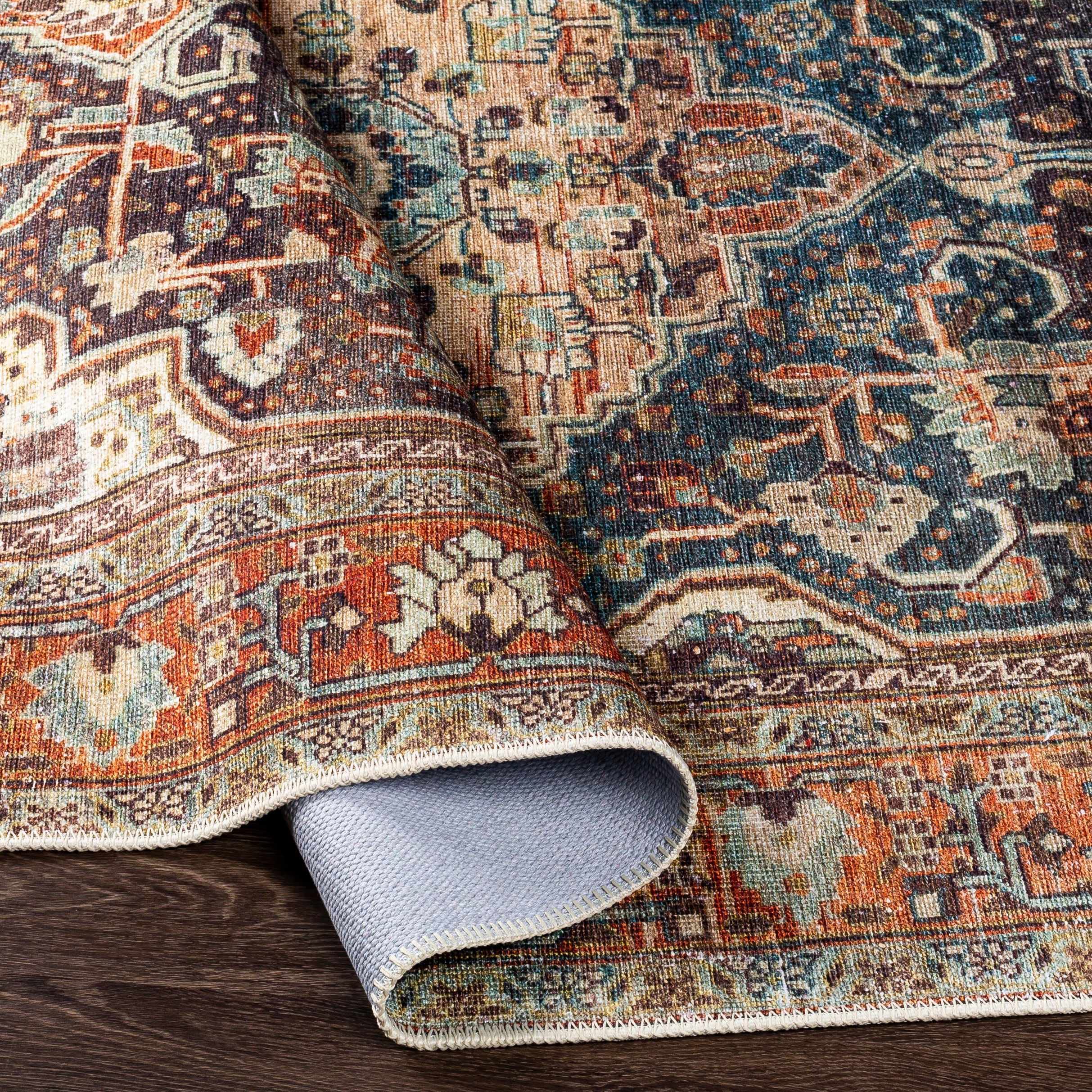Hauteloom Portlaw Machine Washable Area Rug - Traditional Design in Gray, Blue, Red - 6'7