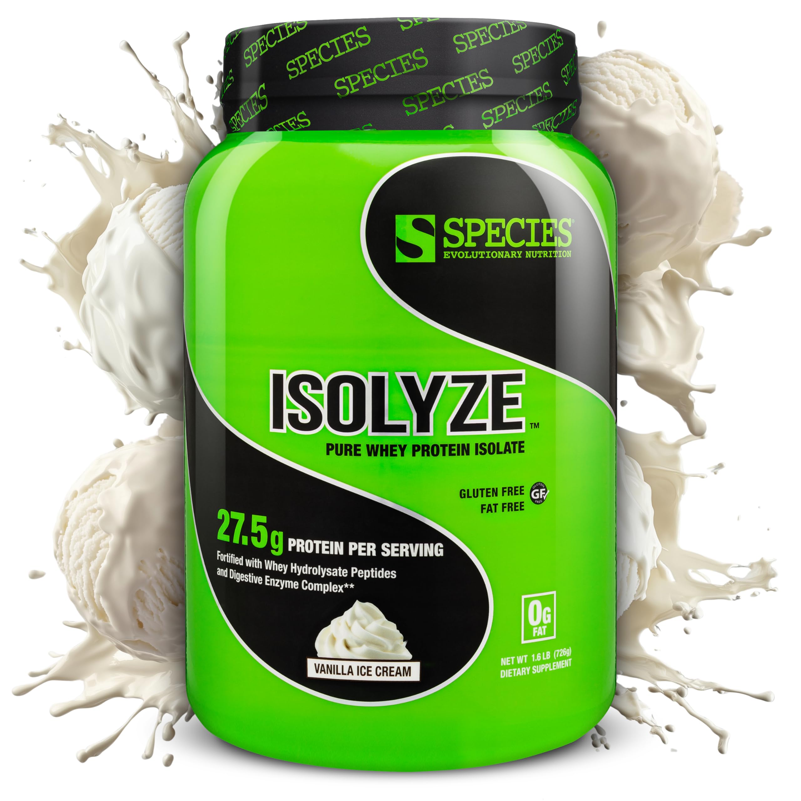 Species Nutrition Isolyze Whey Protein Powder - 100% Pure Whey Isolate for Muscle Growth & Recovery - 27.5g Protein Per Serving - Sugar Free & Low Fat - Vanilla Ice Cream Flavor (22 Servings) | Post-Workout Supplement for Athletes & Fitness Enthusiasts