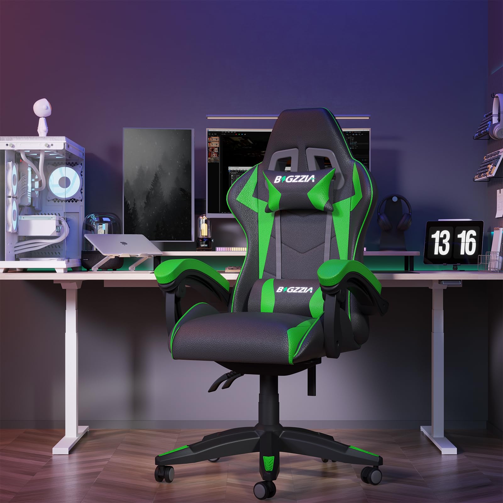 Bigzzia Ergonomic Gaming Chair with Lumbar Support & Headrest Pillow - Racing Style Adjustable Computer Chair for Adults, 360° Swivel Seat - Perfect for PC Gaming, Office Work & Home Use