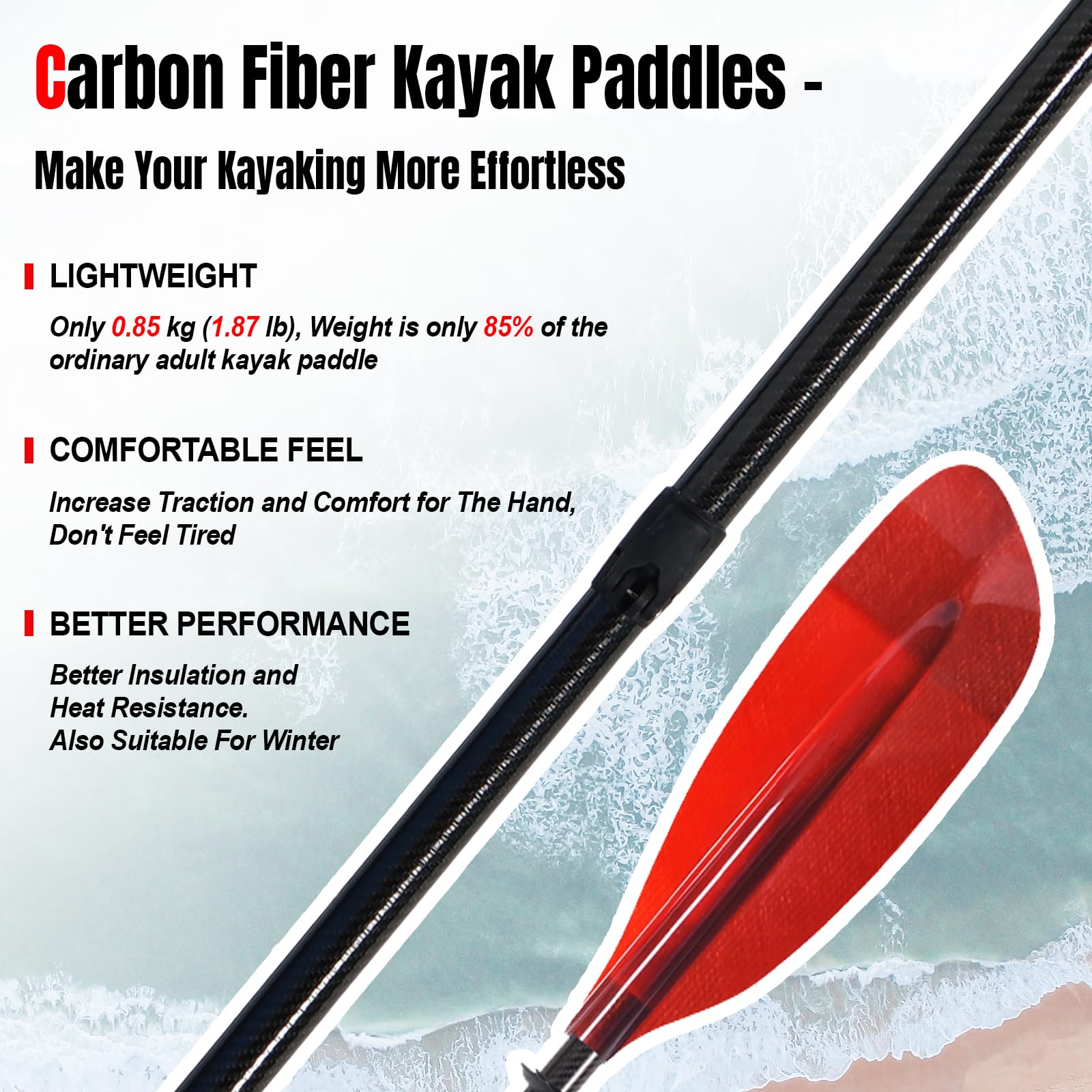 Premium Carbon Fiber Kayak Paddles with Gradient Fiberglass Blades - 3-Piece Adjustable Floating Oars (230-240cm/90-94in) for Touring, Fishing & Recreational Kayaking