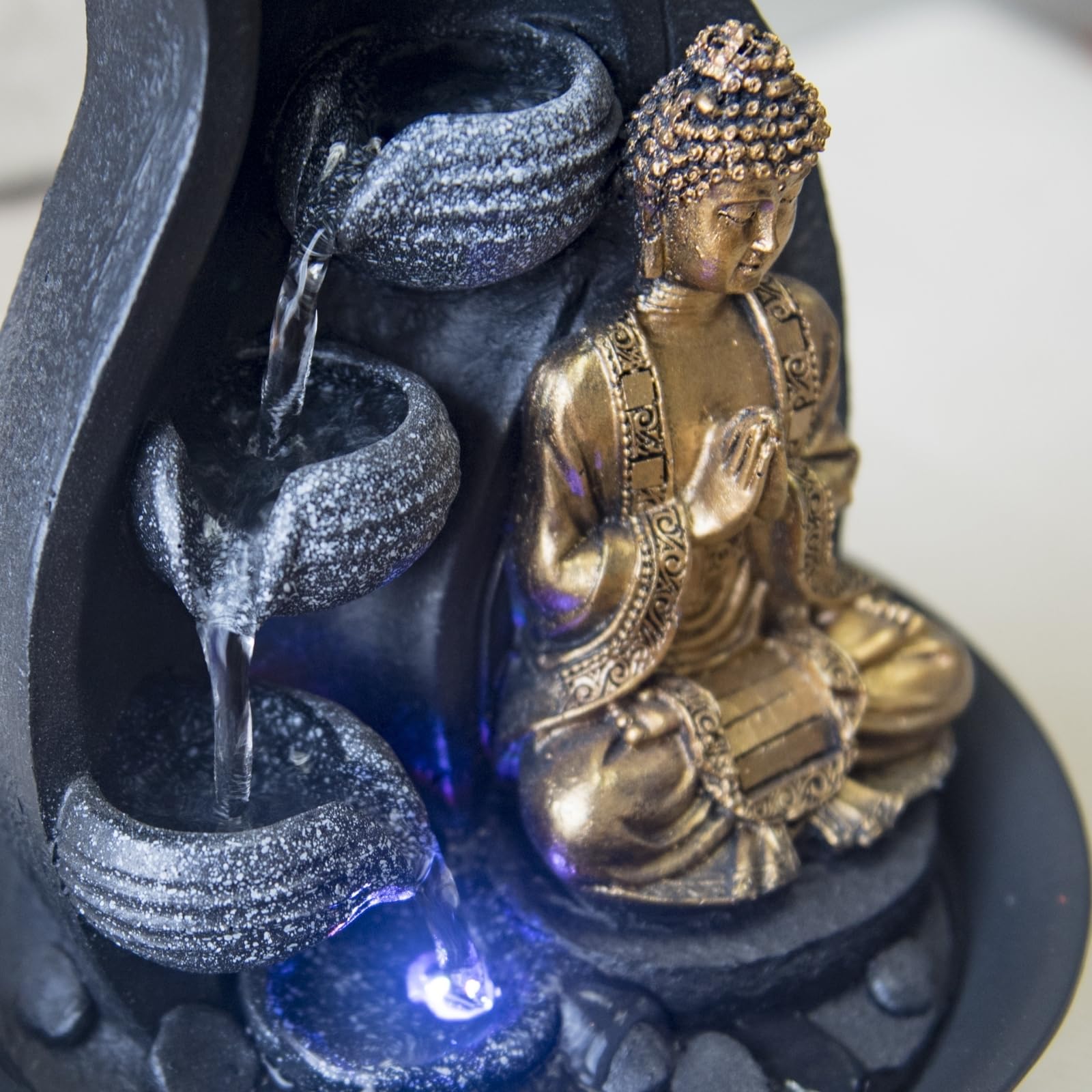 Zen Light Praya - Indoor Water Fountain with LED Lights and Pump, Resin Golden Fountain for Home Decor, Office Relaxation & Meditation Space