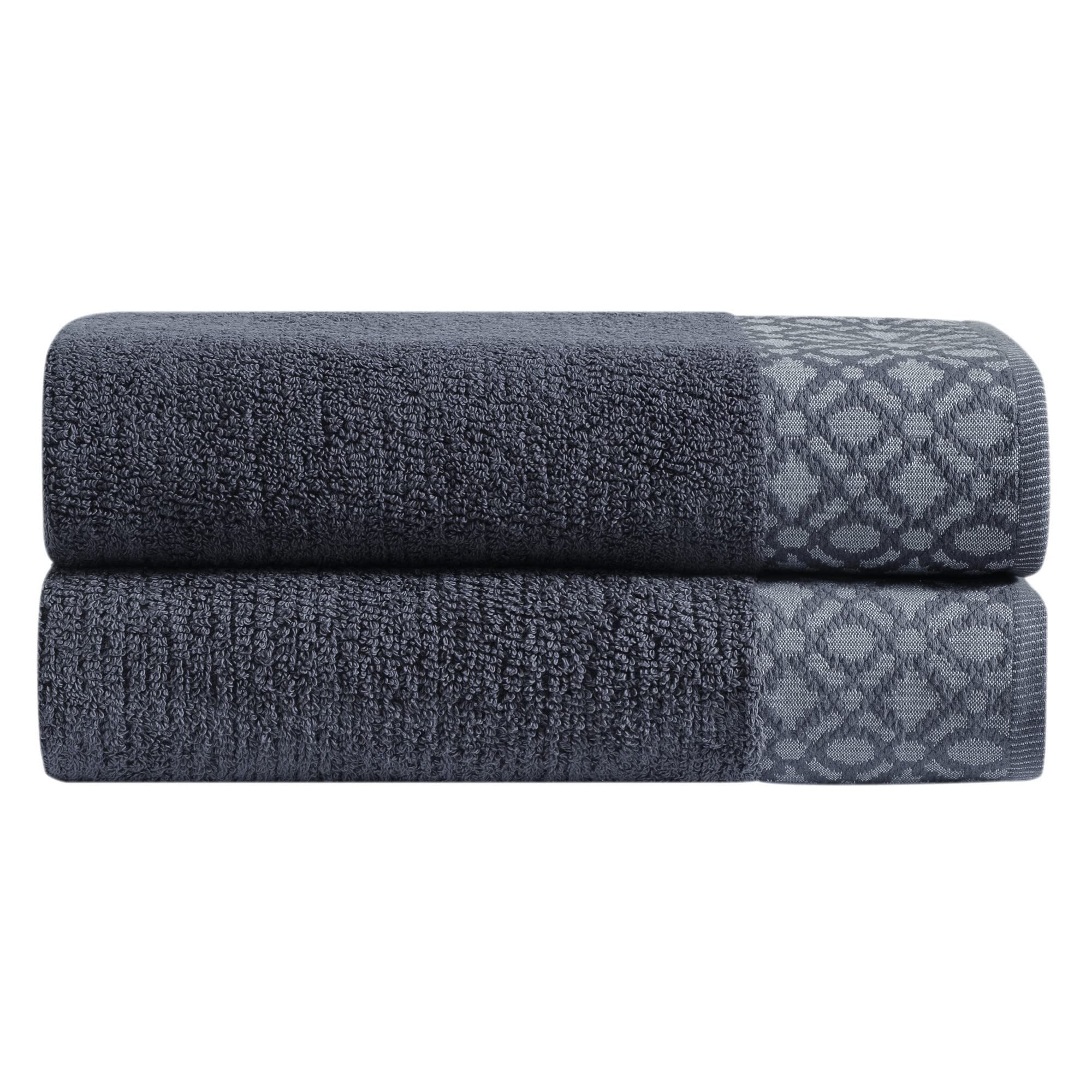 Premium 100% Turkish Cotton Luxury Bath Towel Set - Ultra Soft & Highly Absorbent - Textured Dobby Border - 550 GSM - 2-Piece Set - Nitra Collection (Dark Grey) - Perfect for Spa, Bathroom & Guest Room Decor