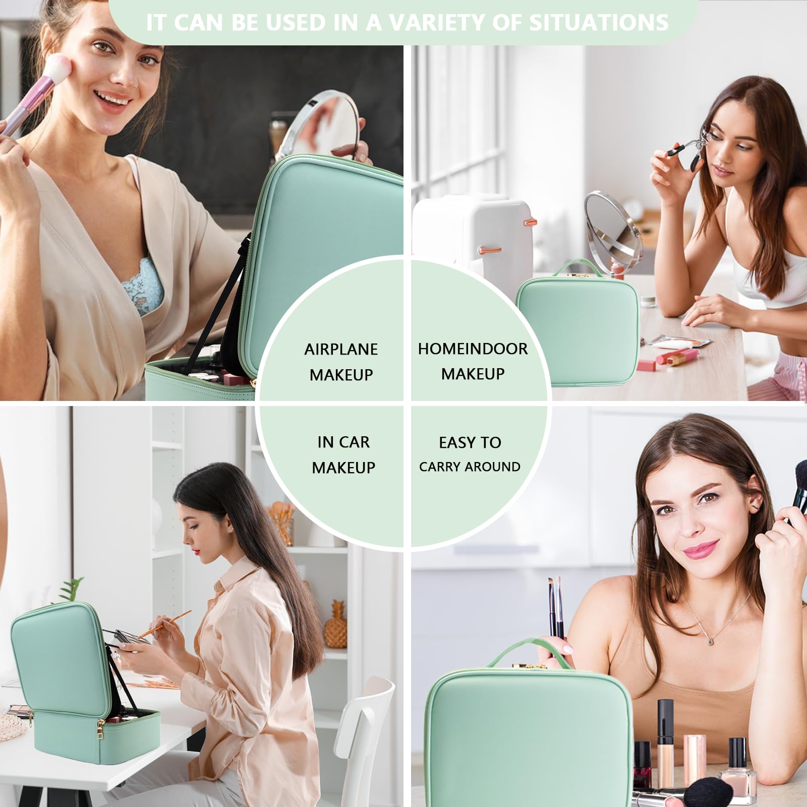 LED Lighted Travel Makeup Bag with Mirror - Portable Cosmetic Organizer with Adjustable Dividers for Makeup Brushes & Toiletries (Light Green) | Perfect for Travel, Home Use & On-the-Go Touchups